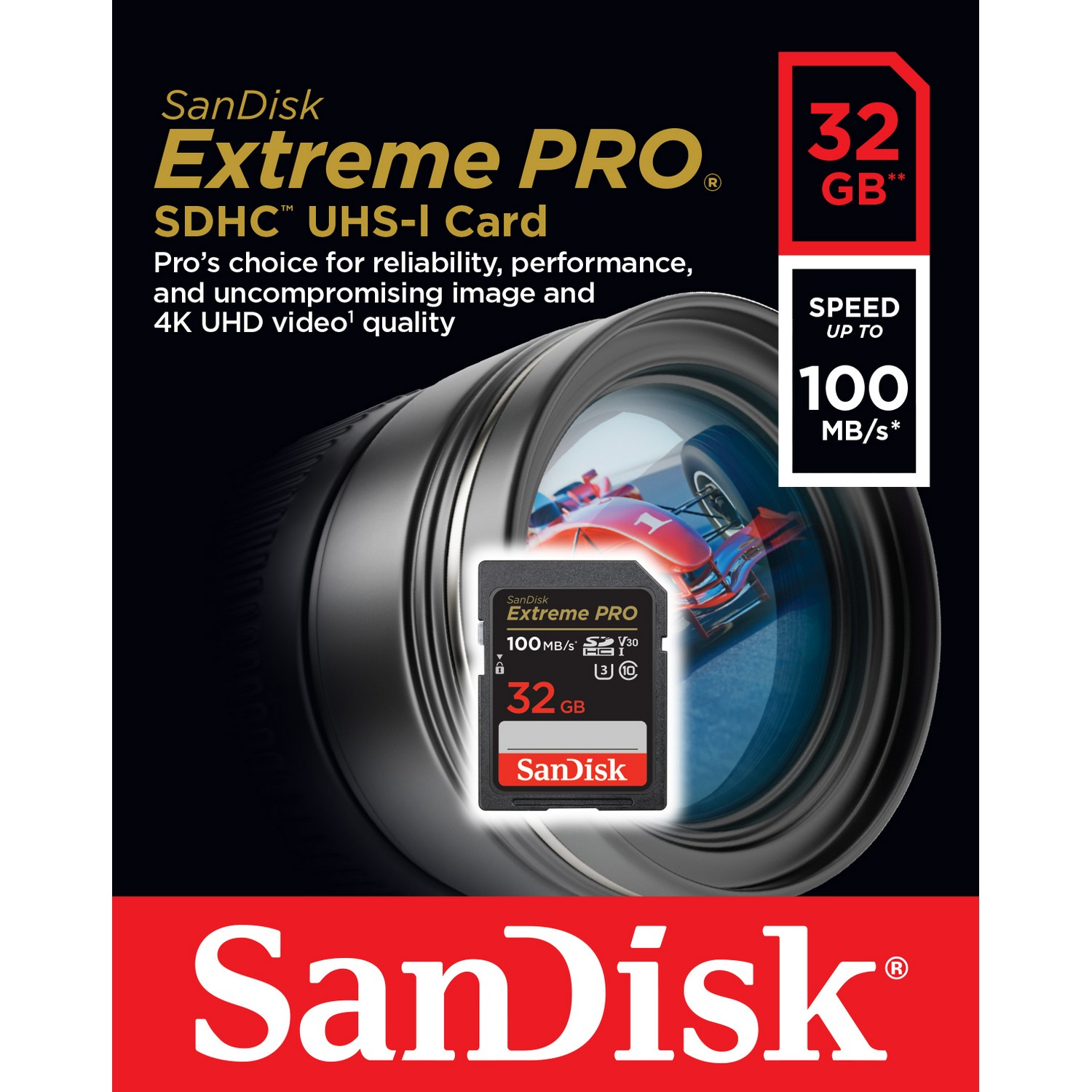 Embalaje de la tarjeta Sandisk Extreme Pro SDHC. La tarjeta es negra y roja, con texto.