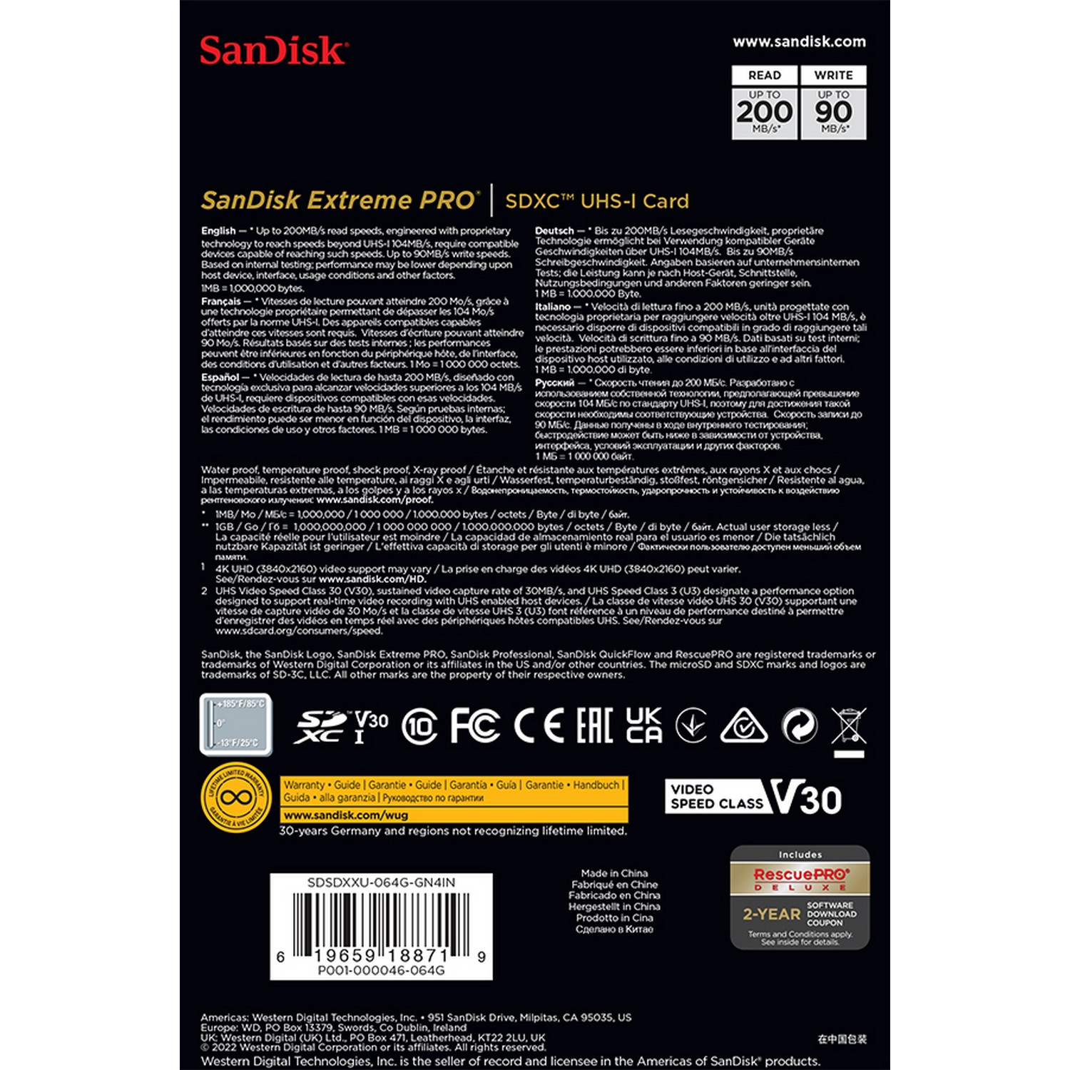 Tarjeta SDXC Sandisk Extreme Pro. Texto en la tarjeta. Fondo blanco.