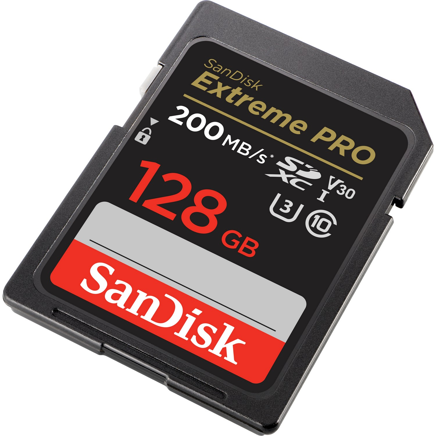 Tarjeta SD SanDisk Extreme PRO negra, con texto. Se destaca la capacidad de 128 GB. Tarjeta Secure Digital.