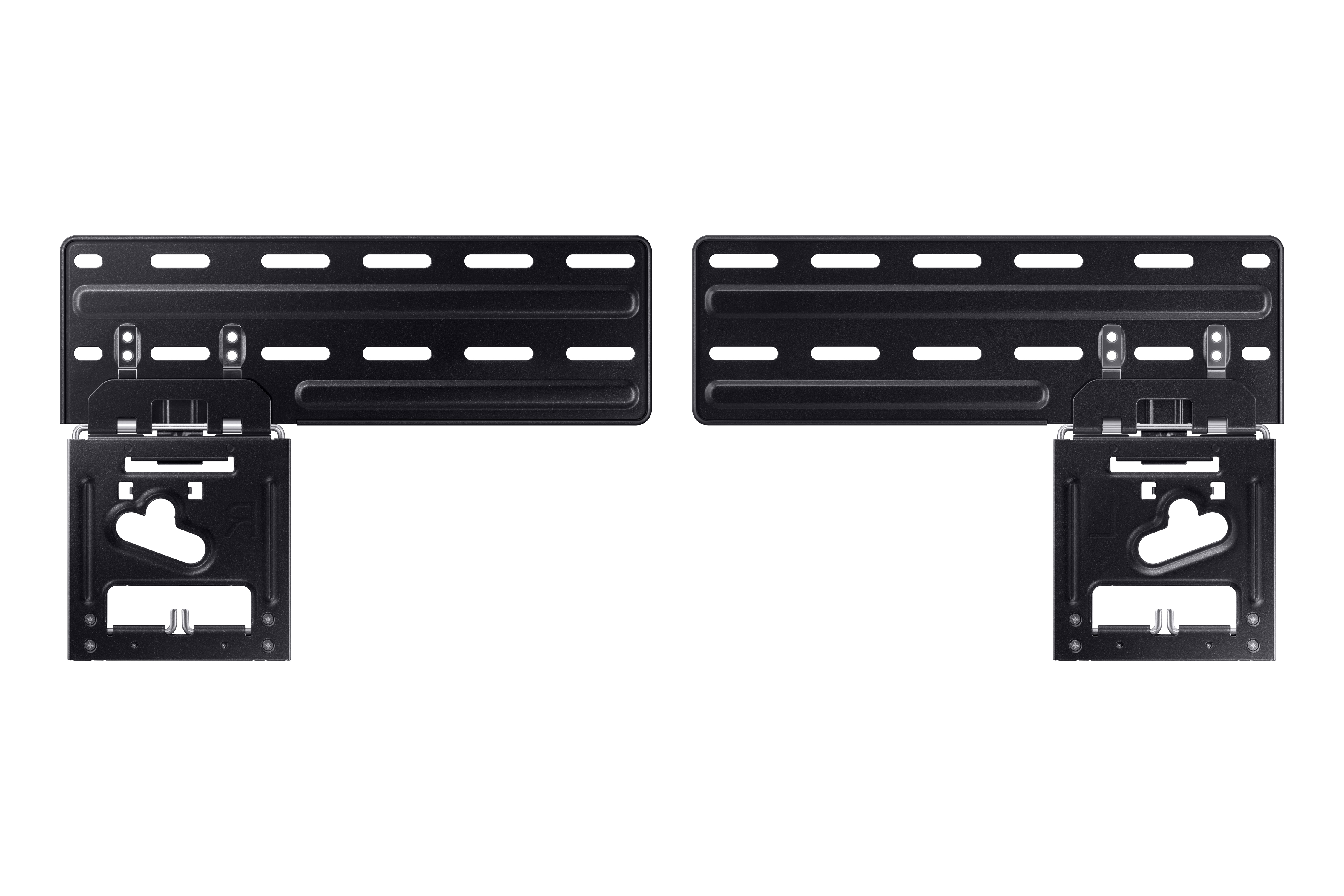 Dos soportes de montaje para TV negros. Diseño rectangular con hardware de montaje visible. Fondo blanco.