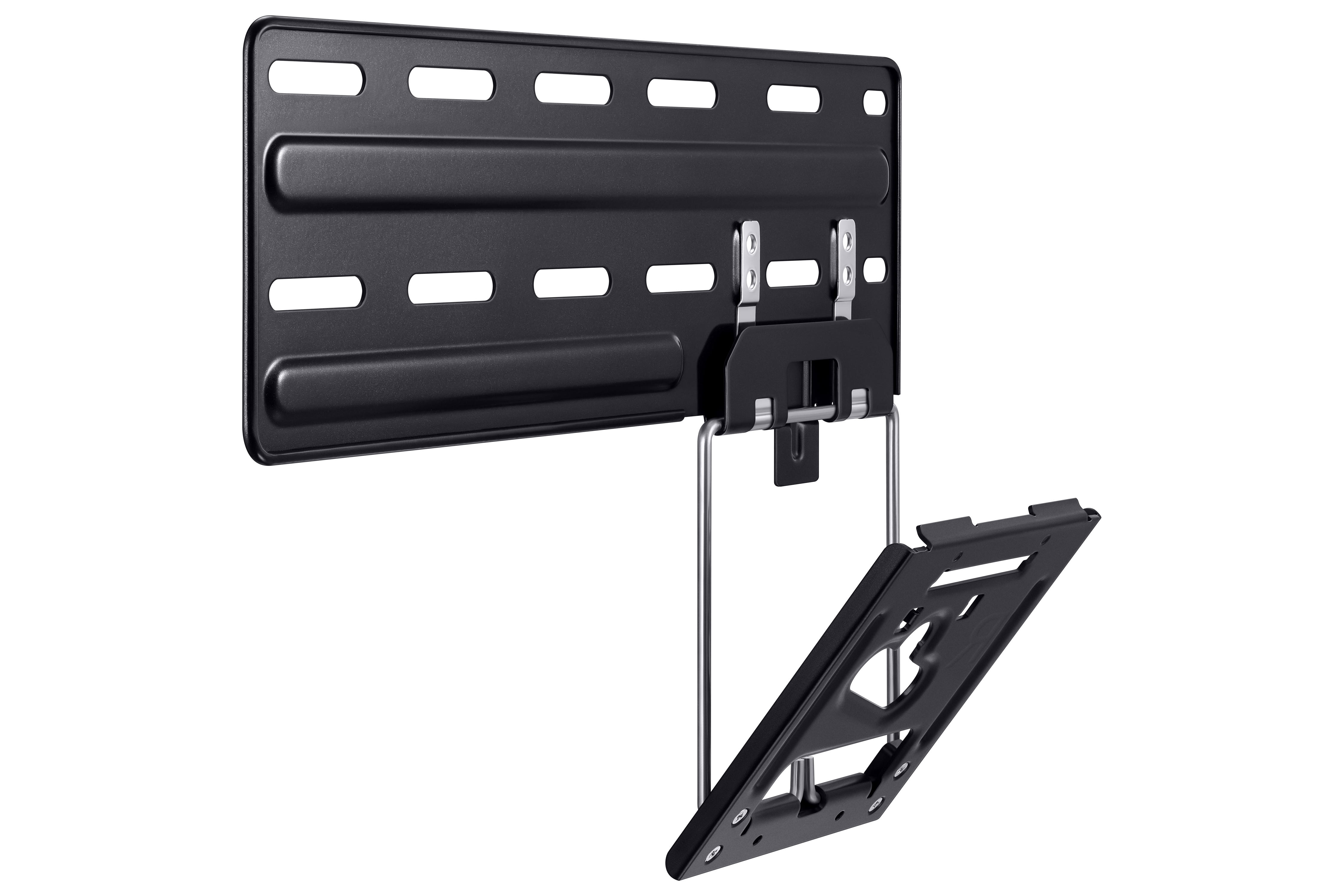 Soporte de pared para TV negro, con soporte de montaje separado.