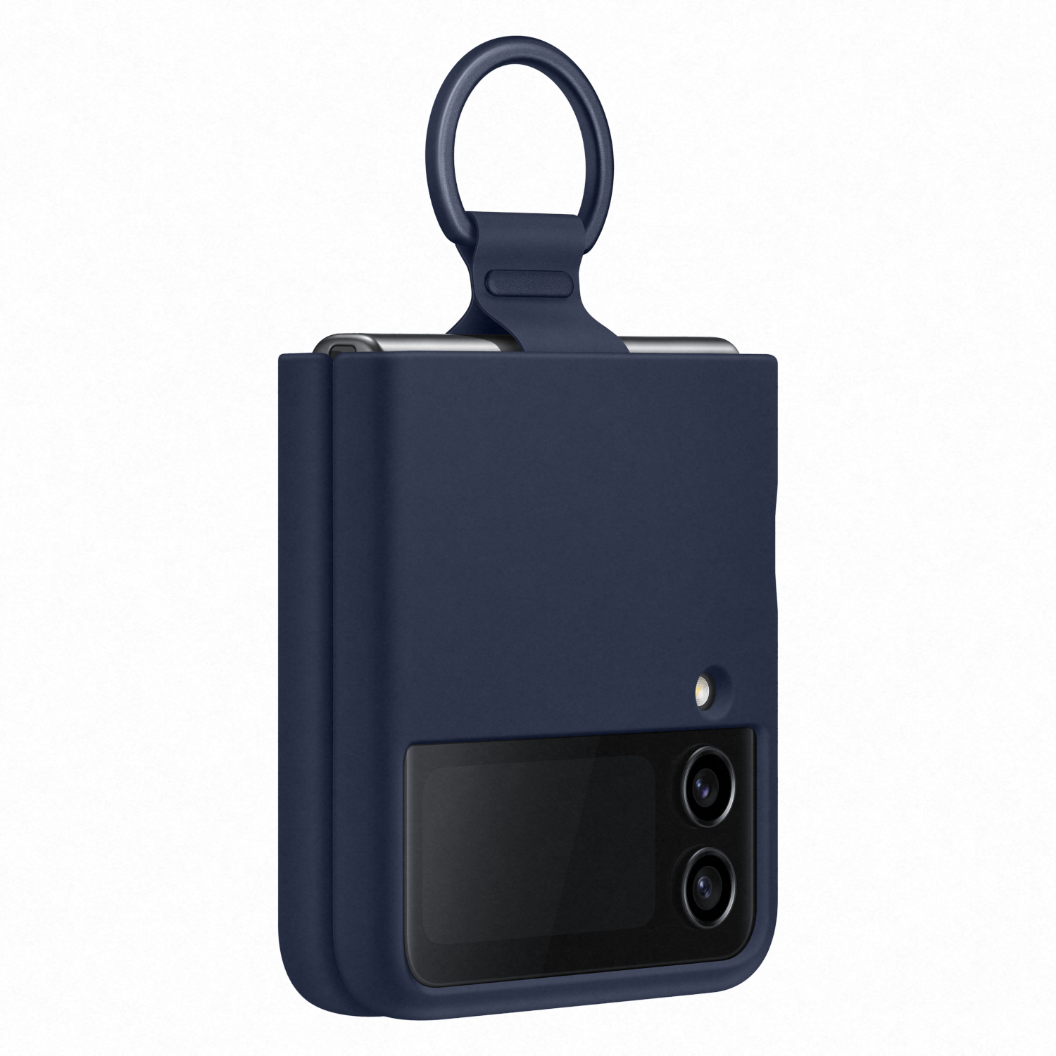 Marineblauwe telefoonhoes met telefoon, camera en lus.
