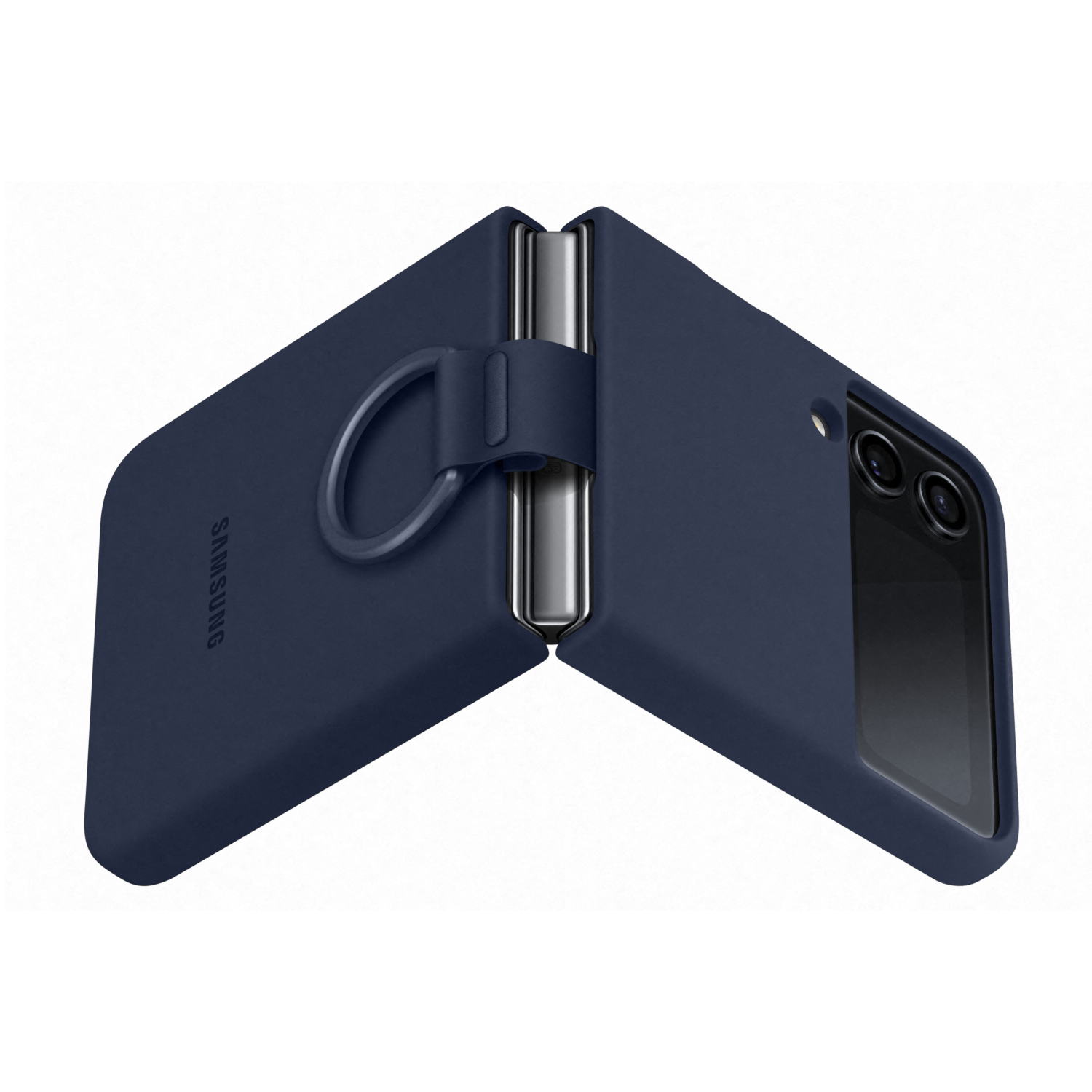 Donkerblauwe telefoonhoes, open, met ringgreep. Samsung logo aan de linkerkant.