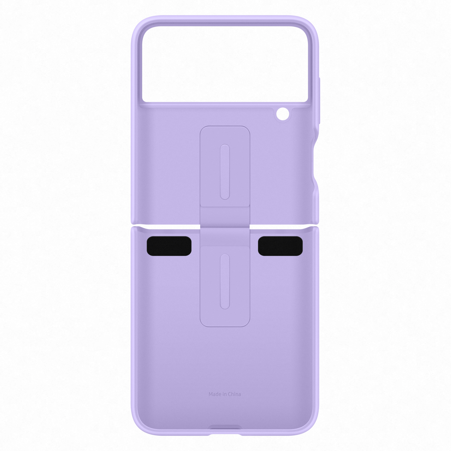 Geopende paarse telefoonhoes met standaard. Made in China-tekst is te zien.