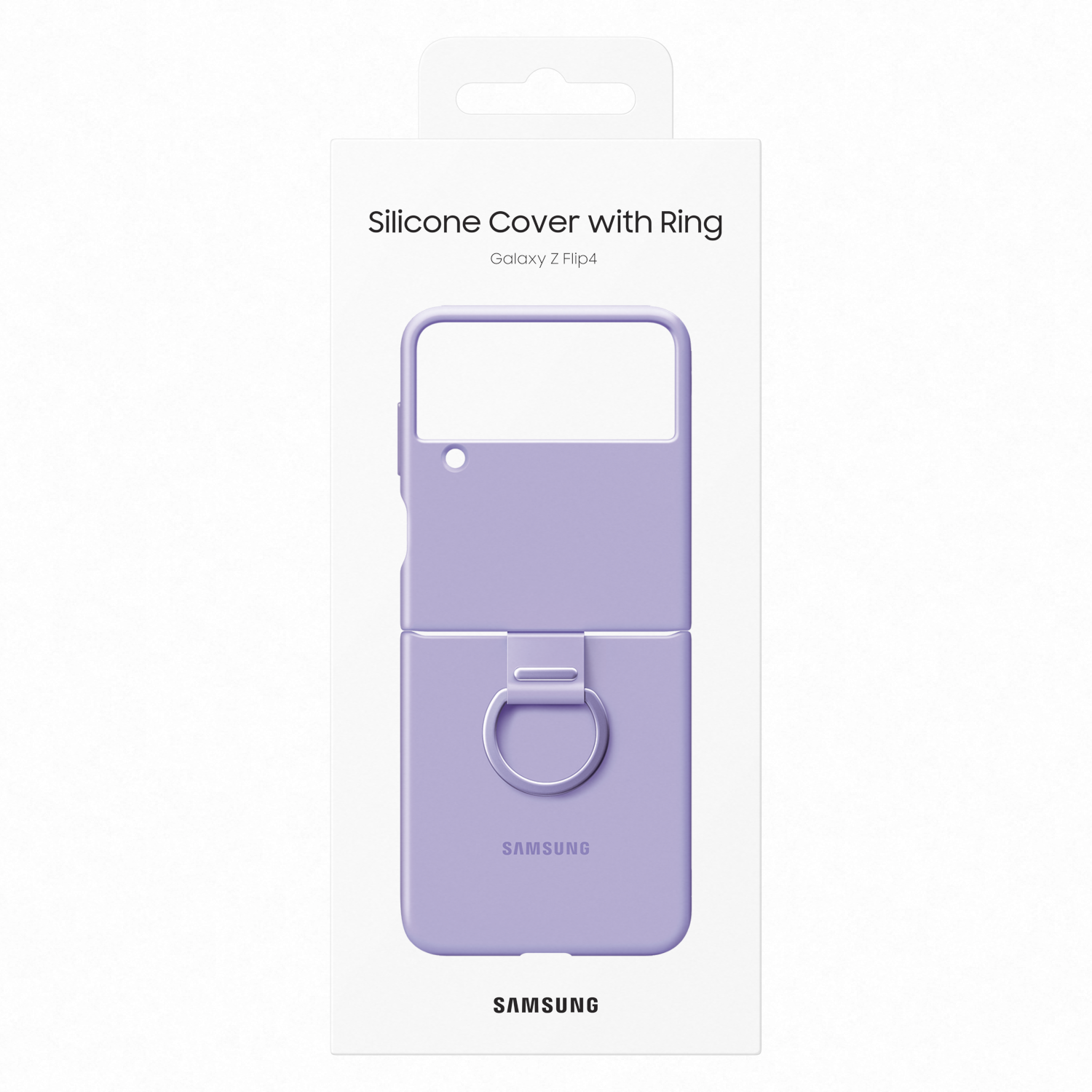 Een lila telefoonhoesje met een ringhouder wordt in de verpakking getoond. De verpakking is wit met productdetails en het Samsung-logo.