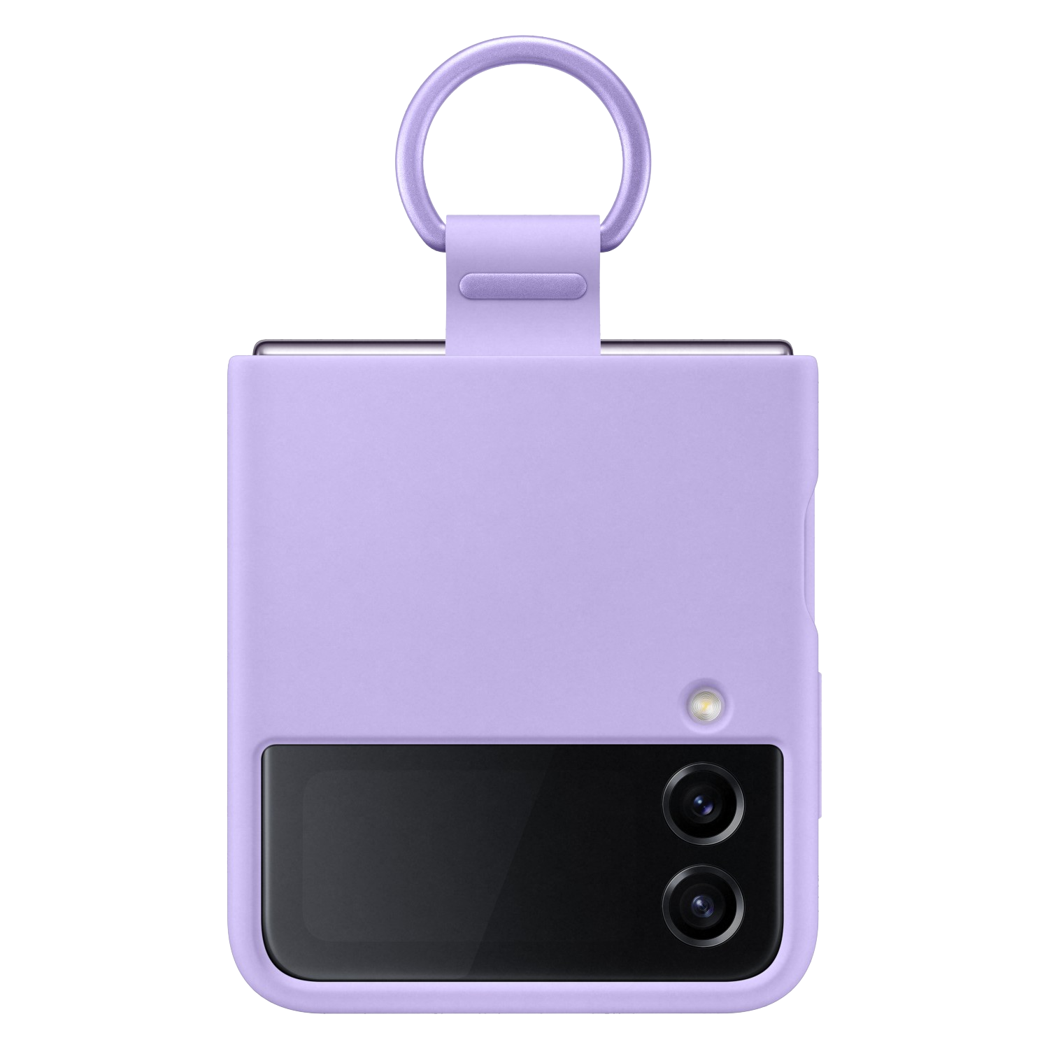 Paarse telefoonhoes met een ring en een camera-uitsparing. De telefoon is opgevouwen en de hoes bedekt hem.