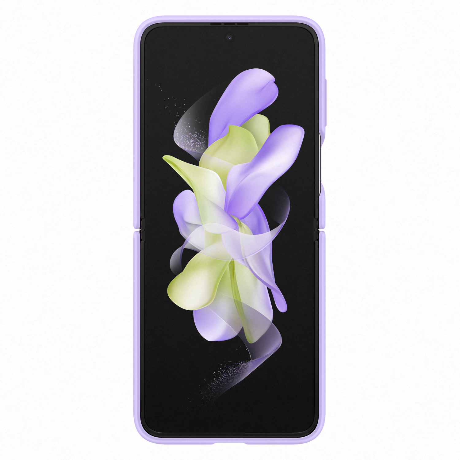 Opengevouwen telefoon, zwart scherm met paars en groen abstract ontwerp, paarse hoes.