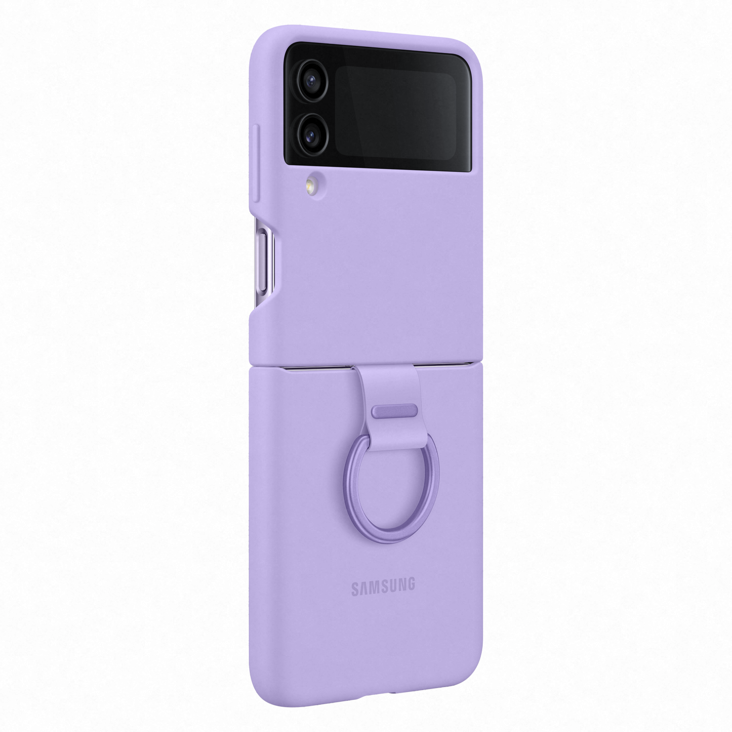 Een lavendelkleurige telefoonhoes met een ring aan de onderkant. De telefoon staat in de open positie en toont de camera.
