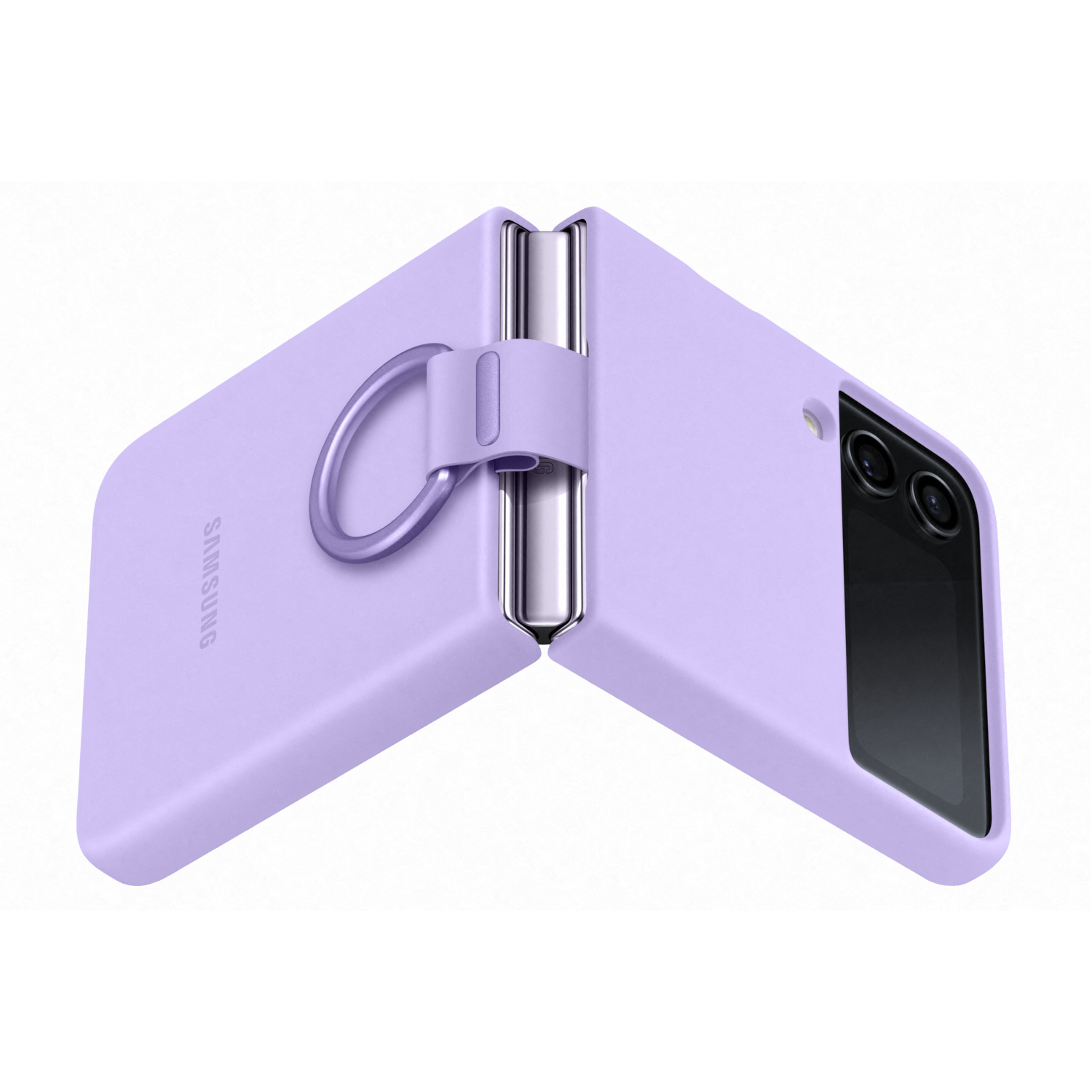 Lila opvouwbare telefoon met een ringhouder. De achterkant van de telefoon is zichtbaar.