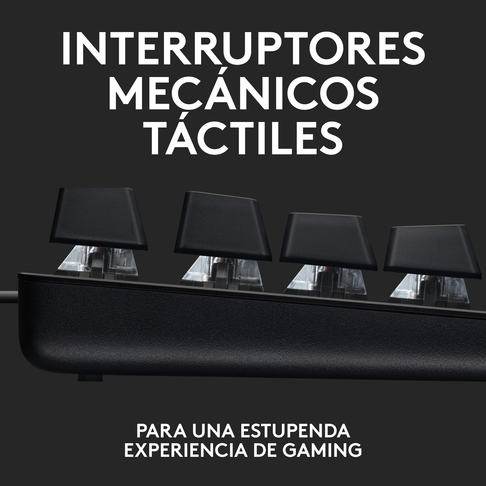 Primer plano de teclas de teclado mecánico. Teclas negras, carcasas transparentes y vástagos blancos.