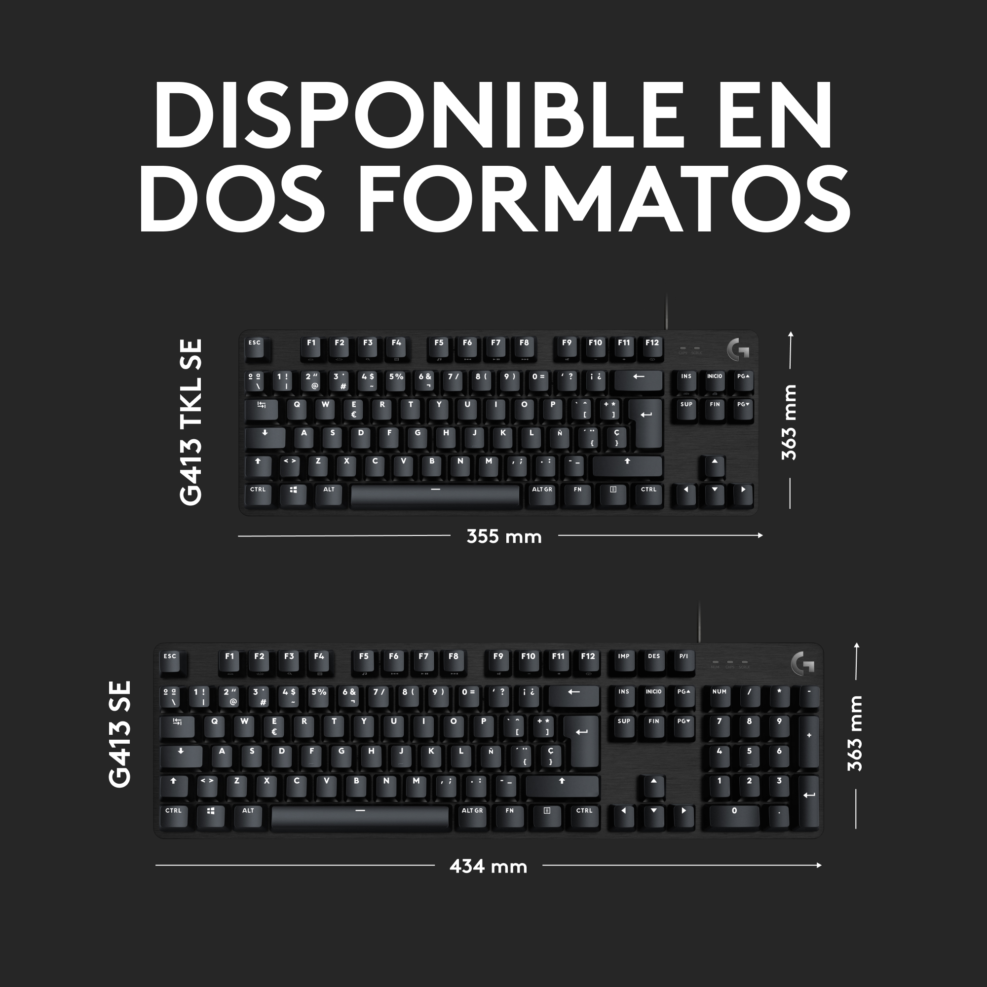 Dos teclados de ordenador negros, con etiquetas de tamaño y dimensiones.
