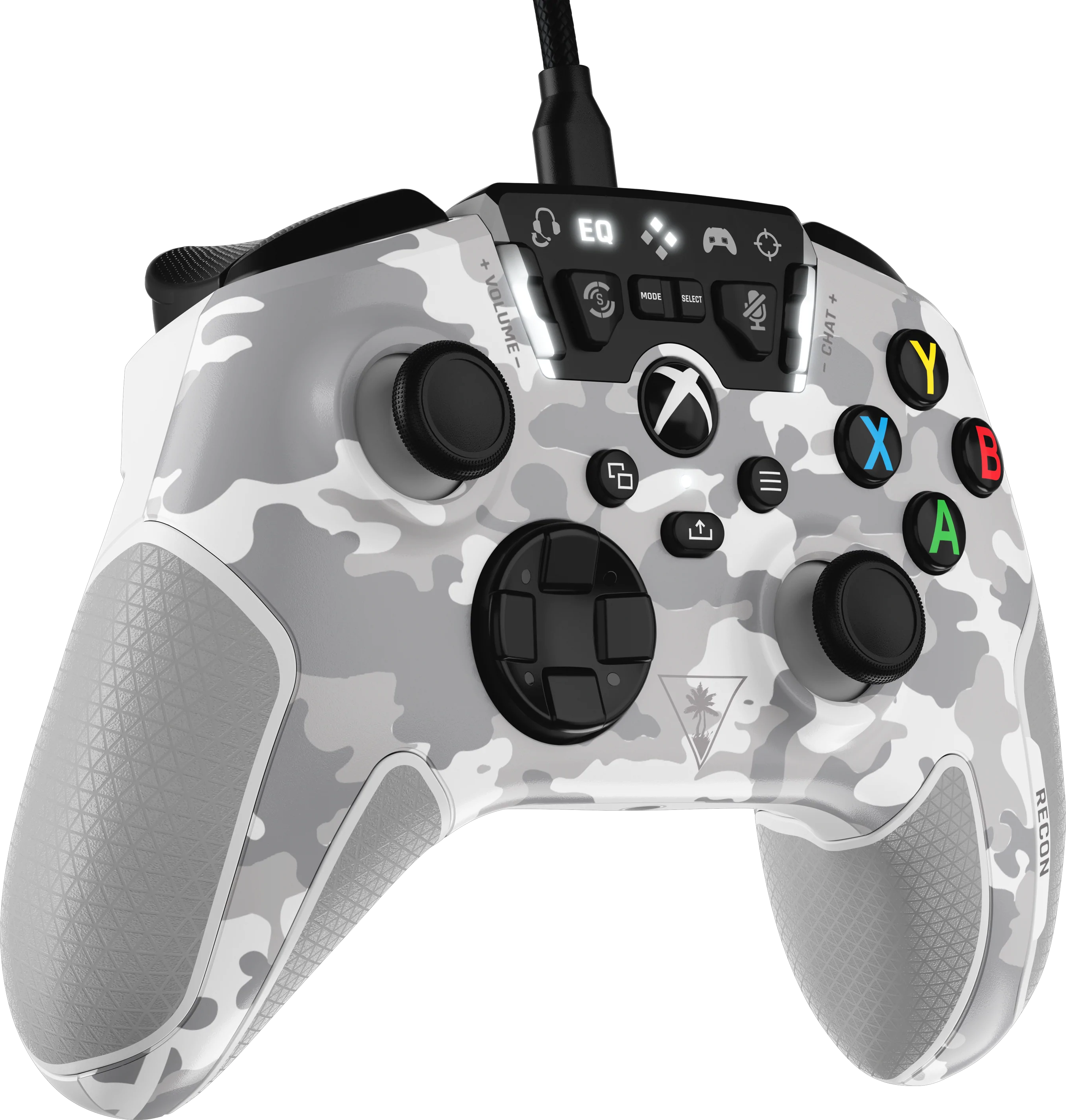 Une manette Xbox blanche et grise avec un motif camouflage, des boutons et un cordon.