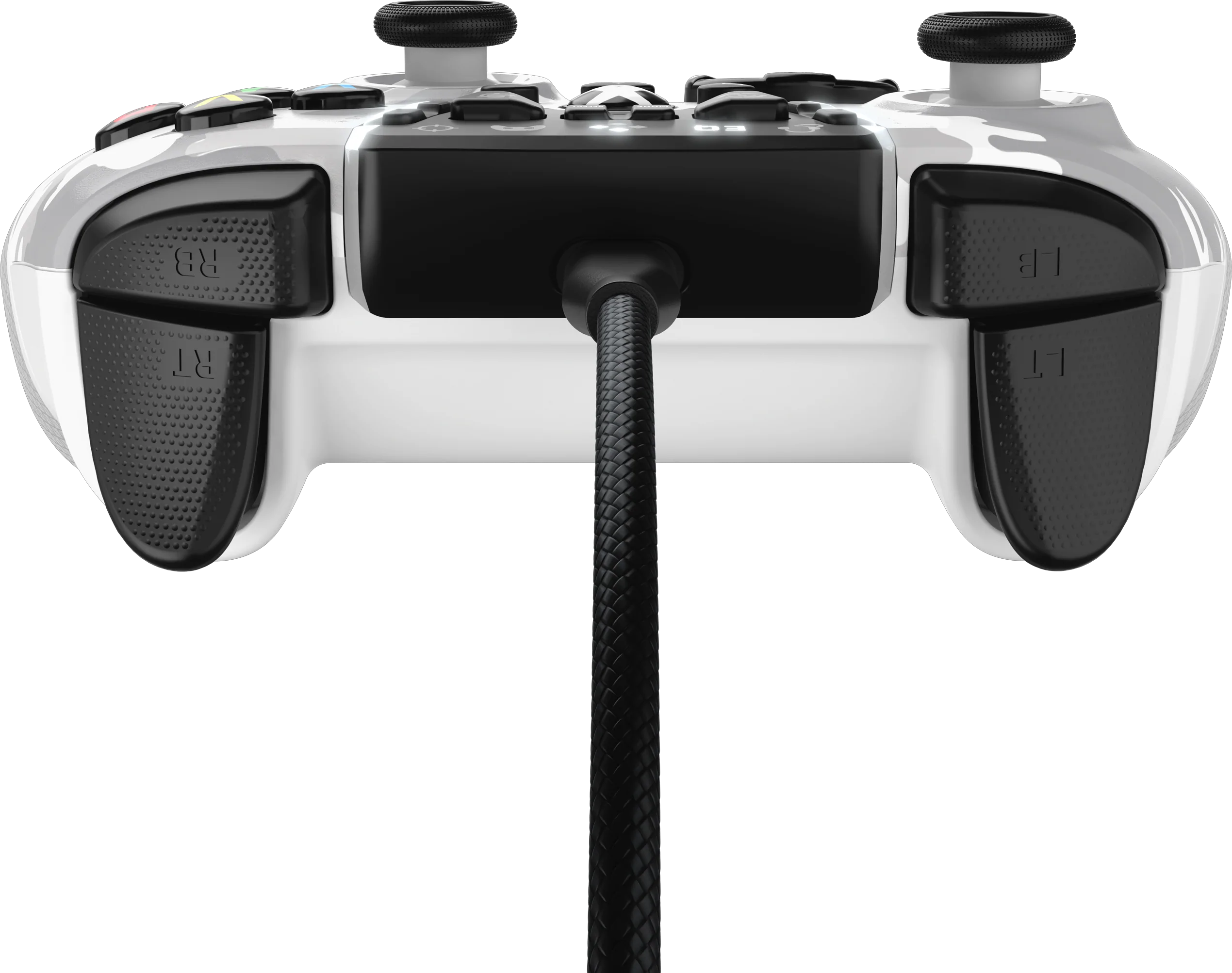 Une manette blanche et noire camouflage. Le bas montre des boutons, et un câble noir s'étend du centre.
