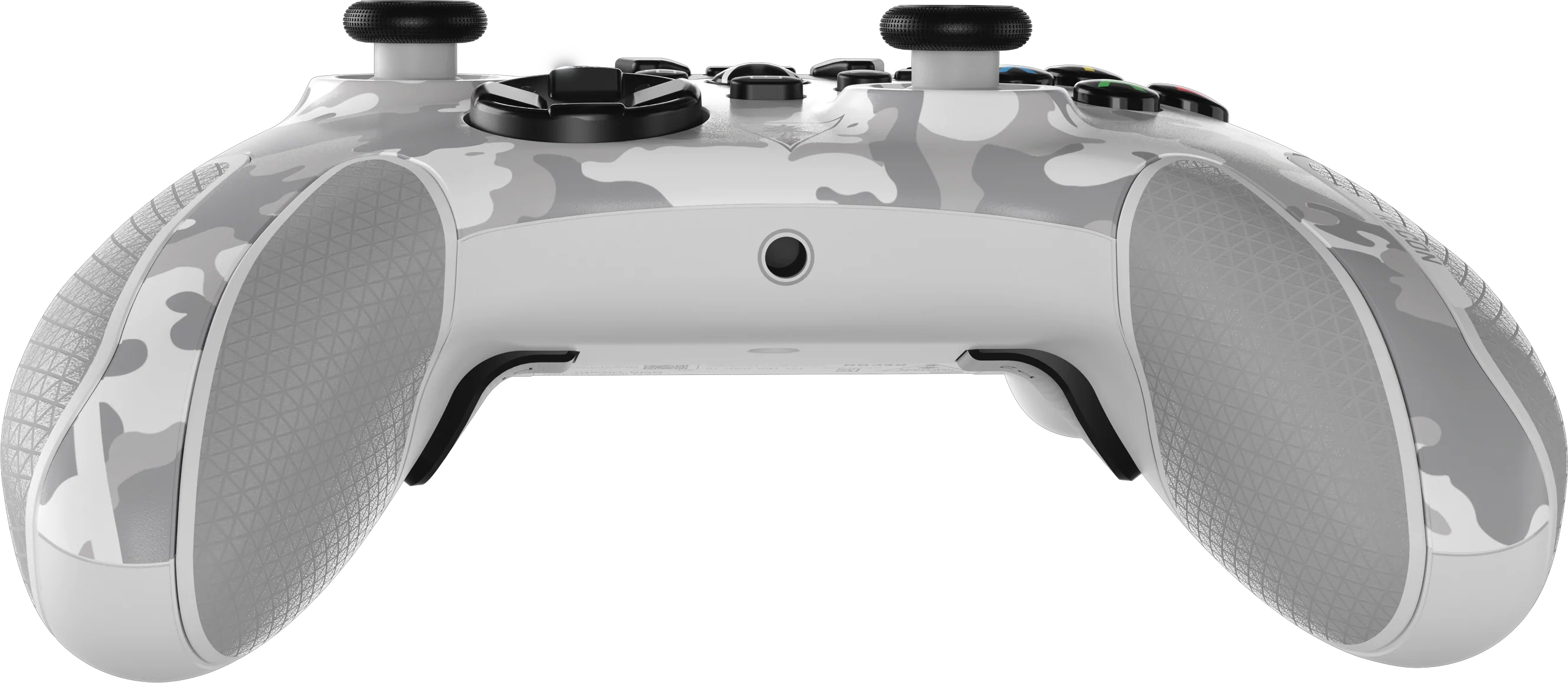 Une manette de jeu à motif camouflage gris et blanc. La manette a une prise texturée.