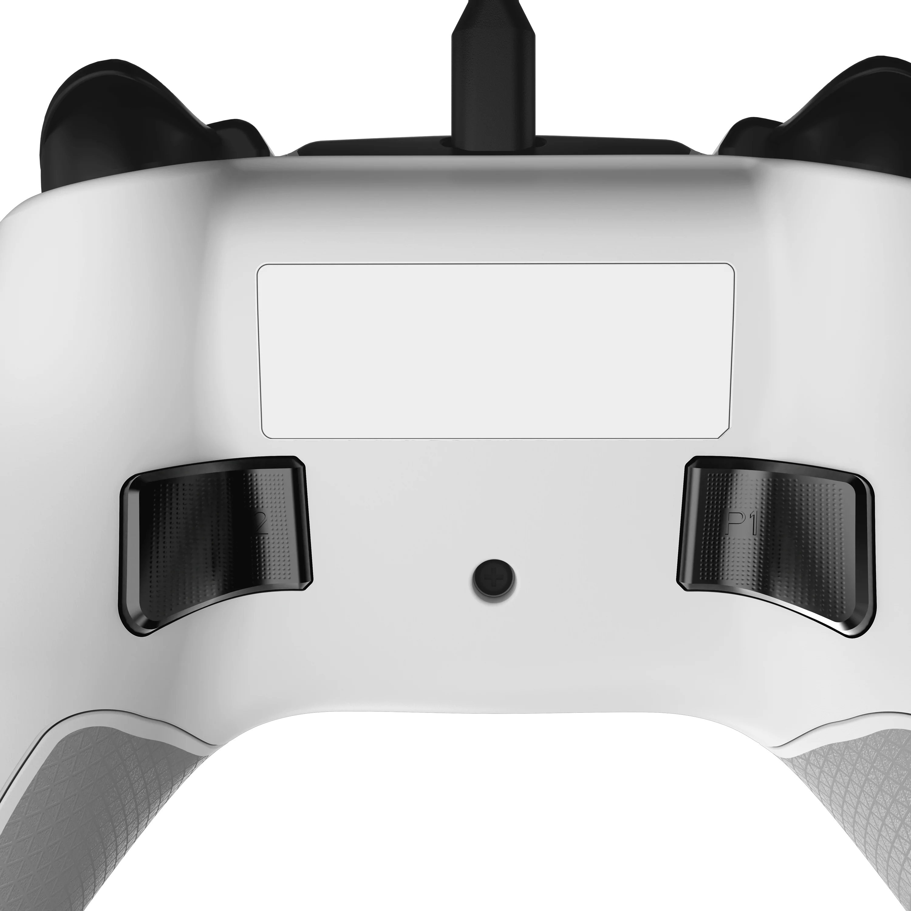 Arrière d'une manette de jeu blanche avec des poignées et des boutons noirs.