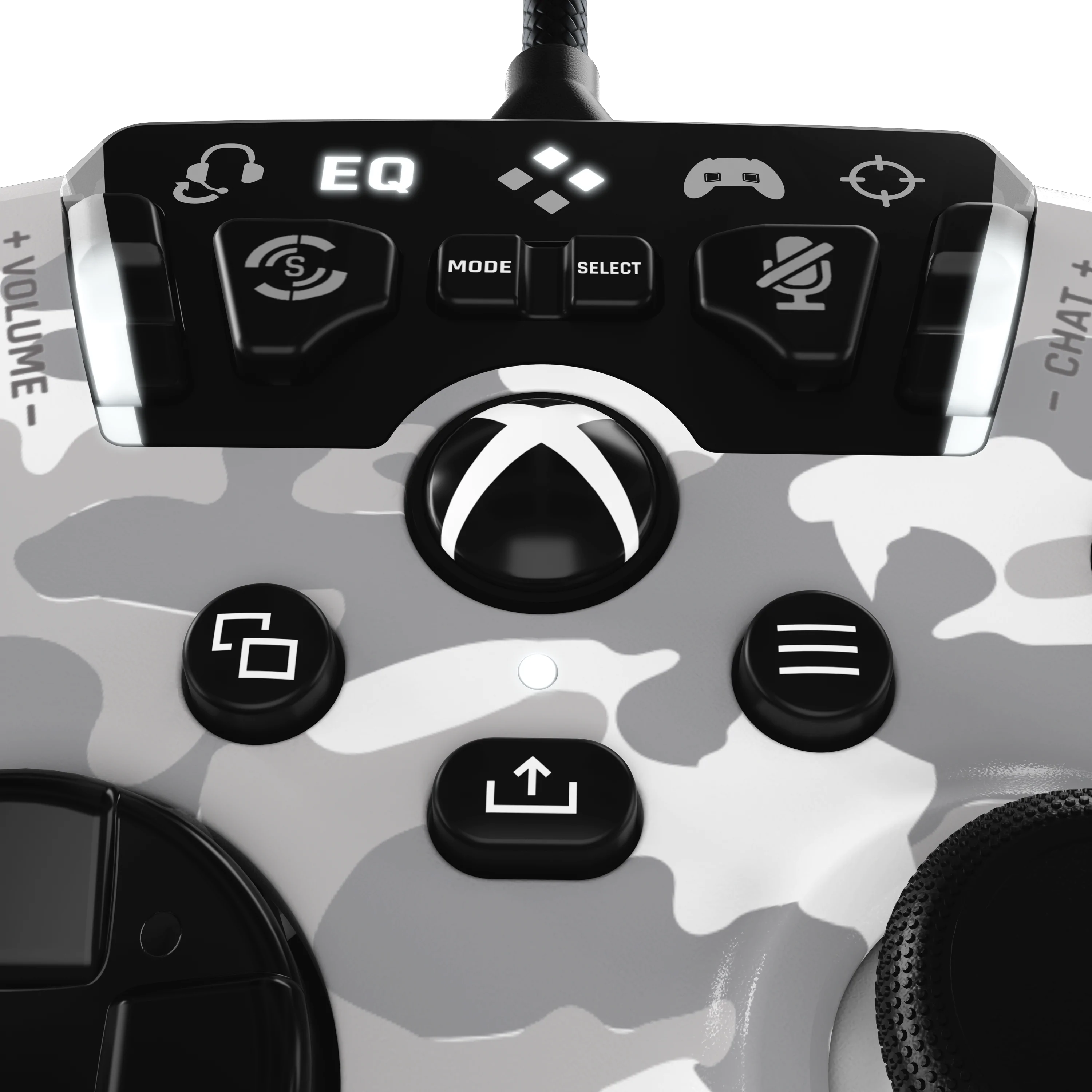 Une manette camouflage blanche et grise avec des boutons et un joystick. Le logo Xbox est au centre.