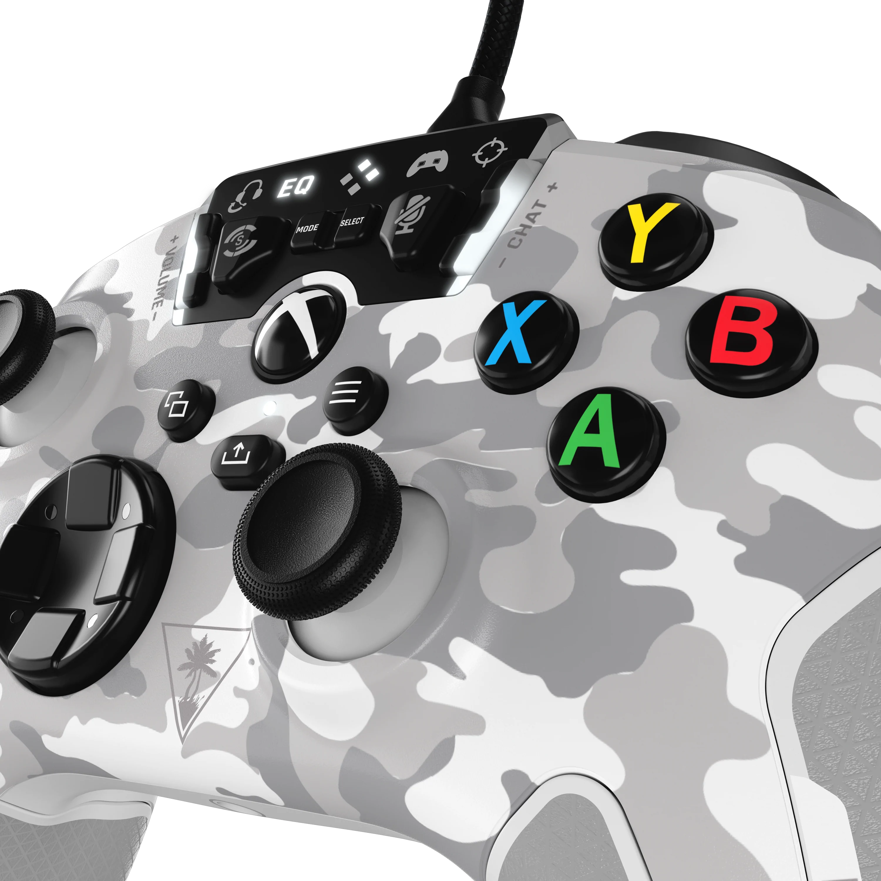 Manette de camouflage blanc et gris avec des boutons colorés et un câble.