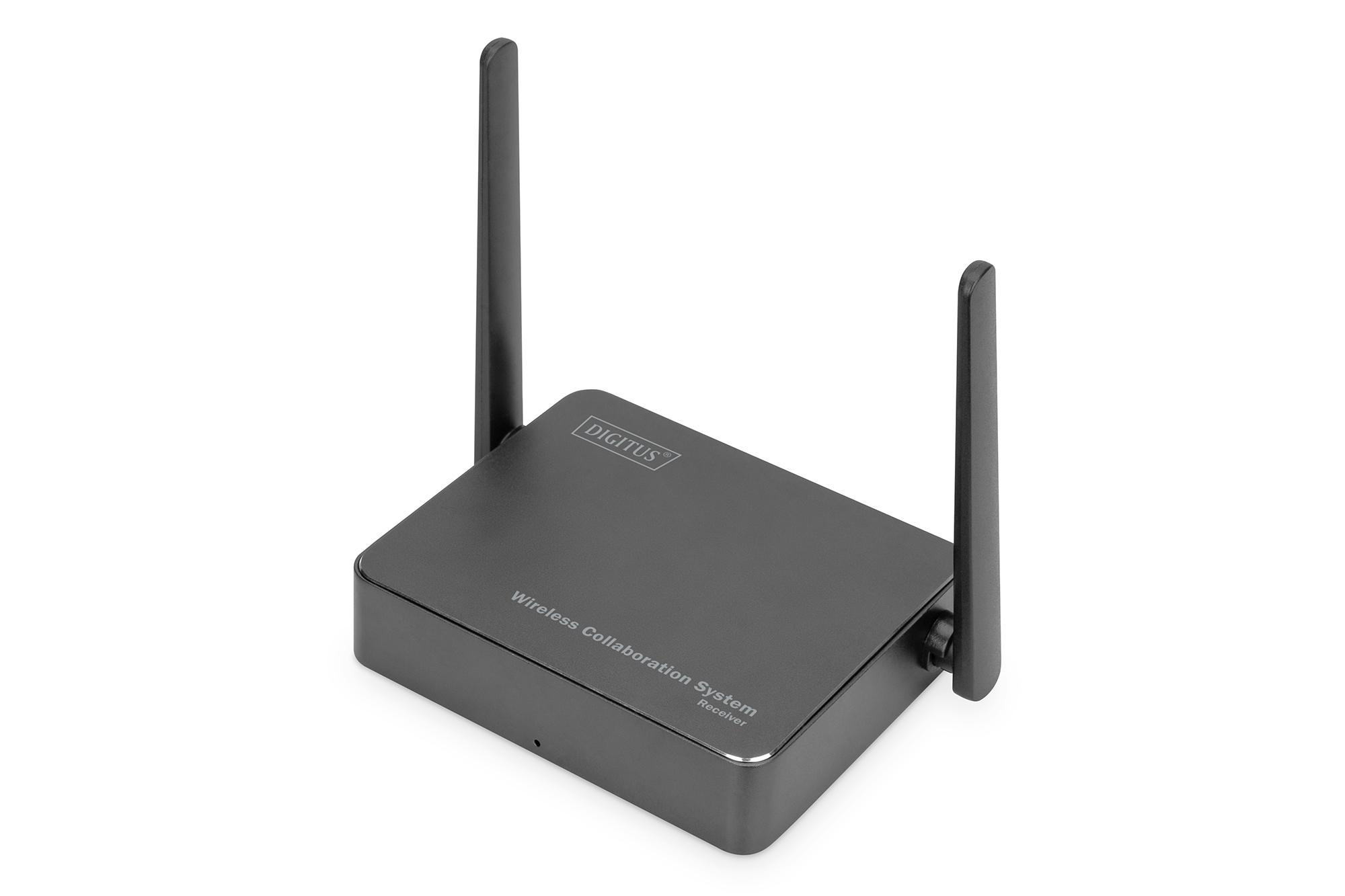 Ein schwarzer Digitus Wireless Collaboration System Empfänger mit zwei Antennen auf Weiß.