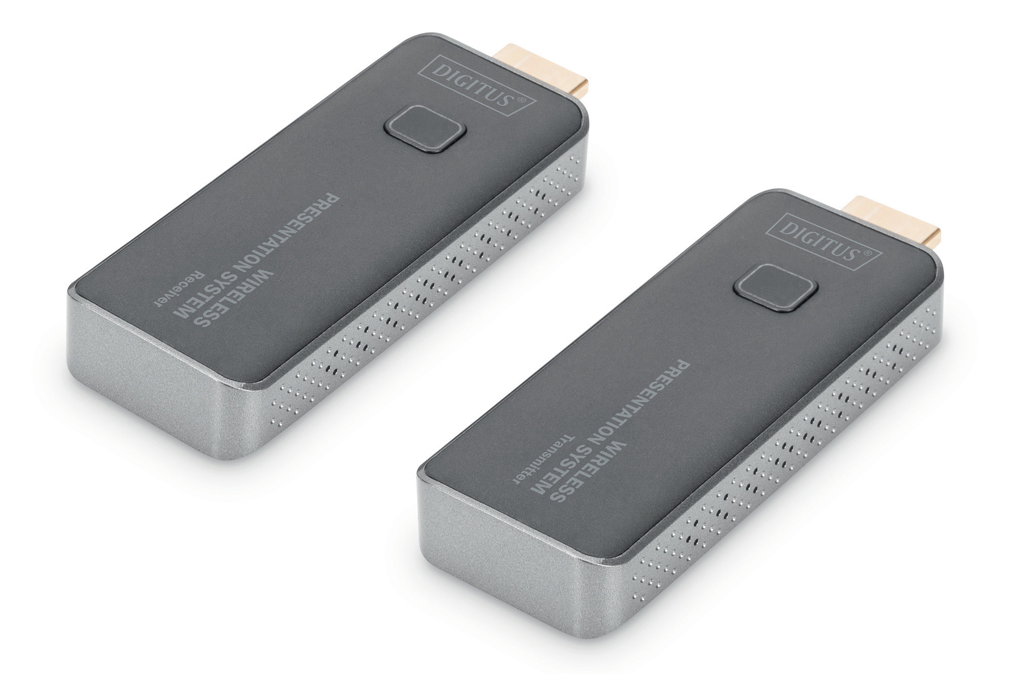 Zwei graue Digitus Wireless-Präsentationssysteme. Sie sind rechteckig mit Knopf und Anschluss.