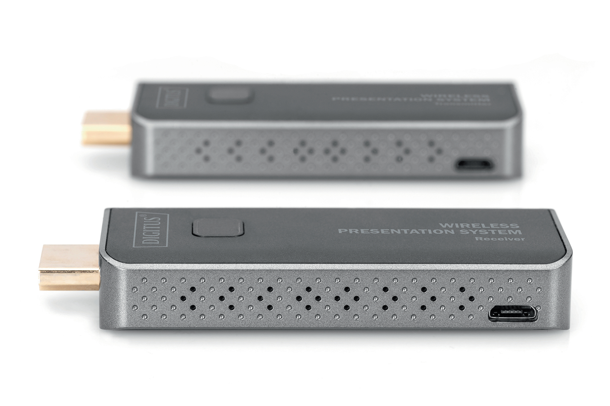 Zwei silberne drahtlose Präsentationsreceiver mit einem USB-Anschluss.