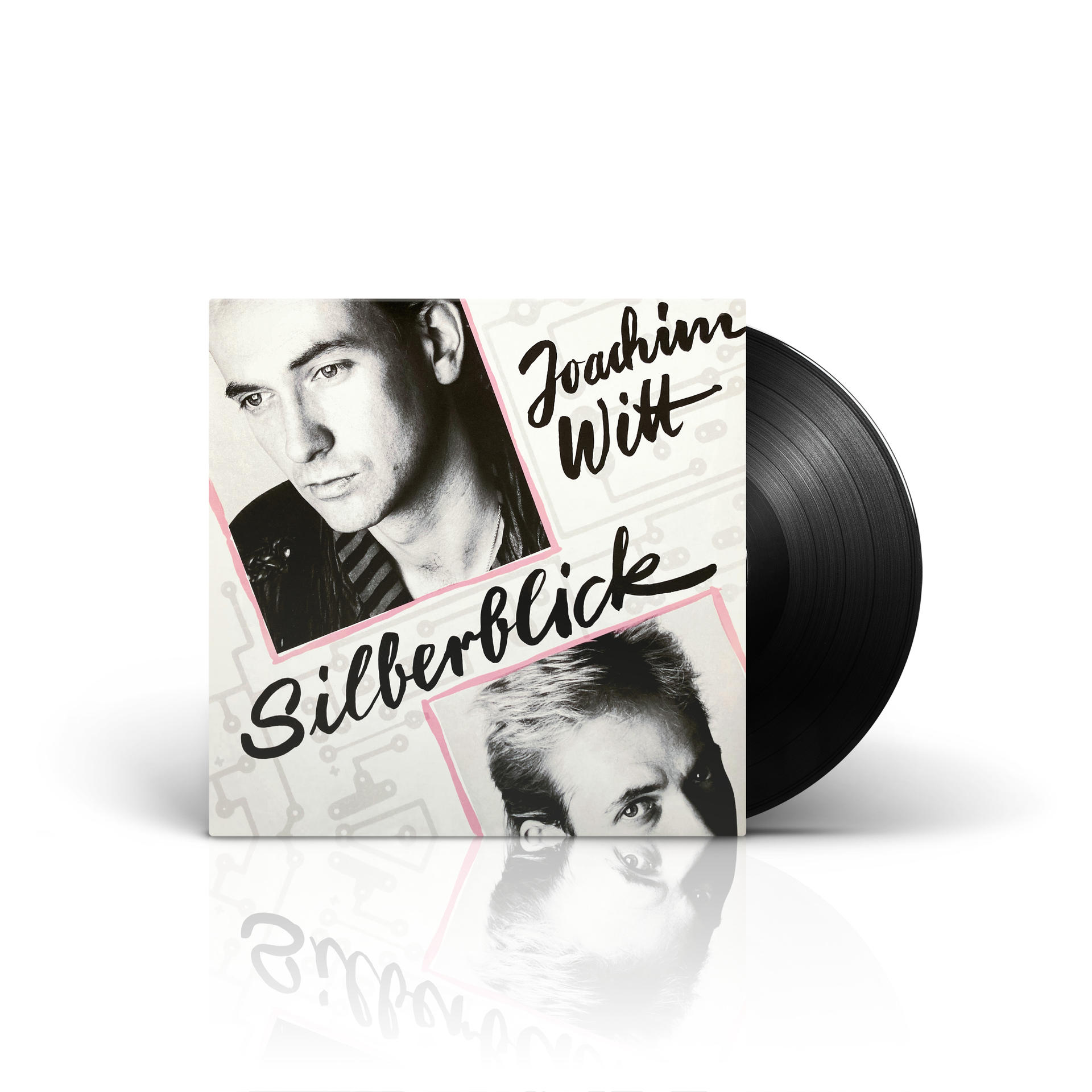 Albumcover mit zwei Gesichtern und schwarzem Vinyl auf weißem Untergrund mit Reflexion.