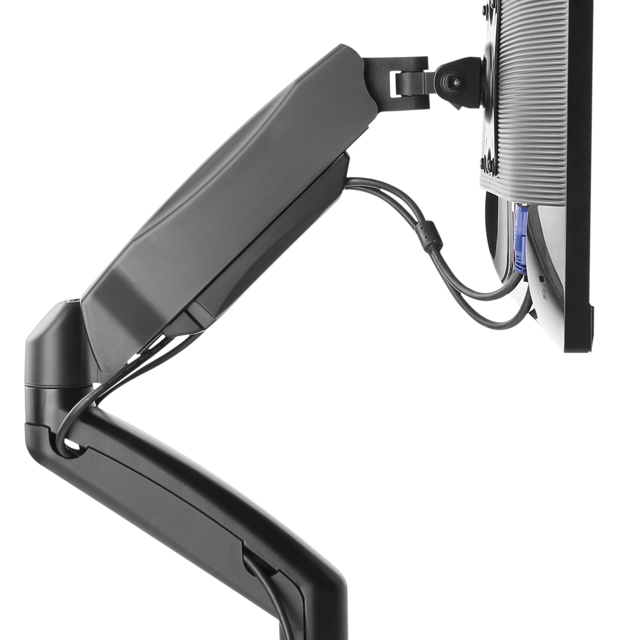 Schwarzer Monitorarm, der mit einem Monitor verbunden ist. Der Arm ist verstellbar.