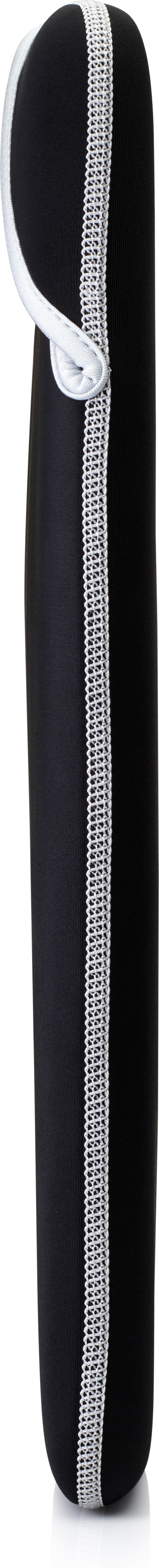 A black laptop sleeve with a white zipper on the side. It appears to be a protective case for a device.