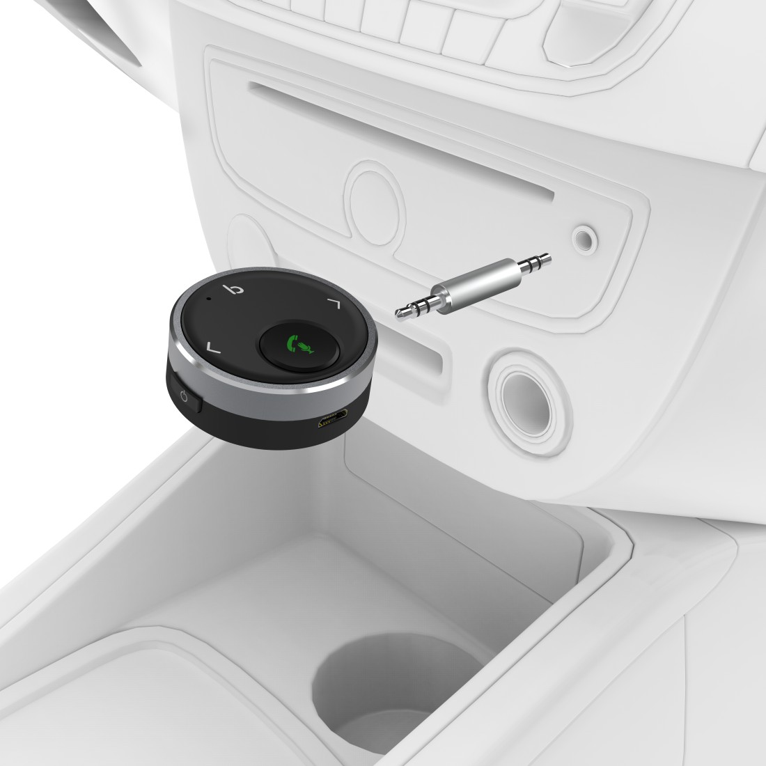 Ein schwarzes und silbernes Bluetooth-Gerät für Autos mit Audiokabel.