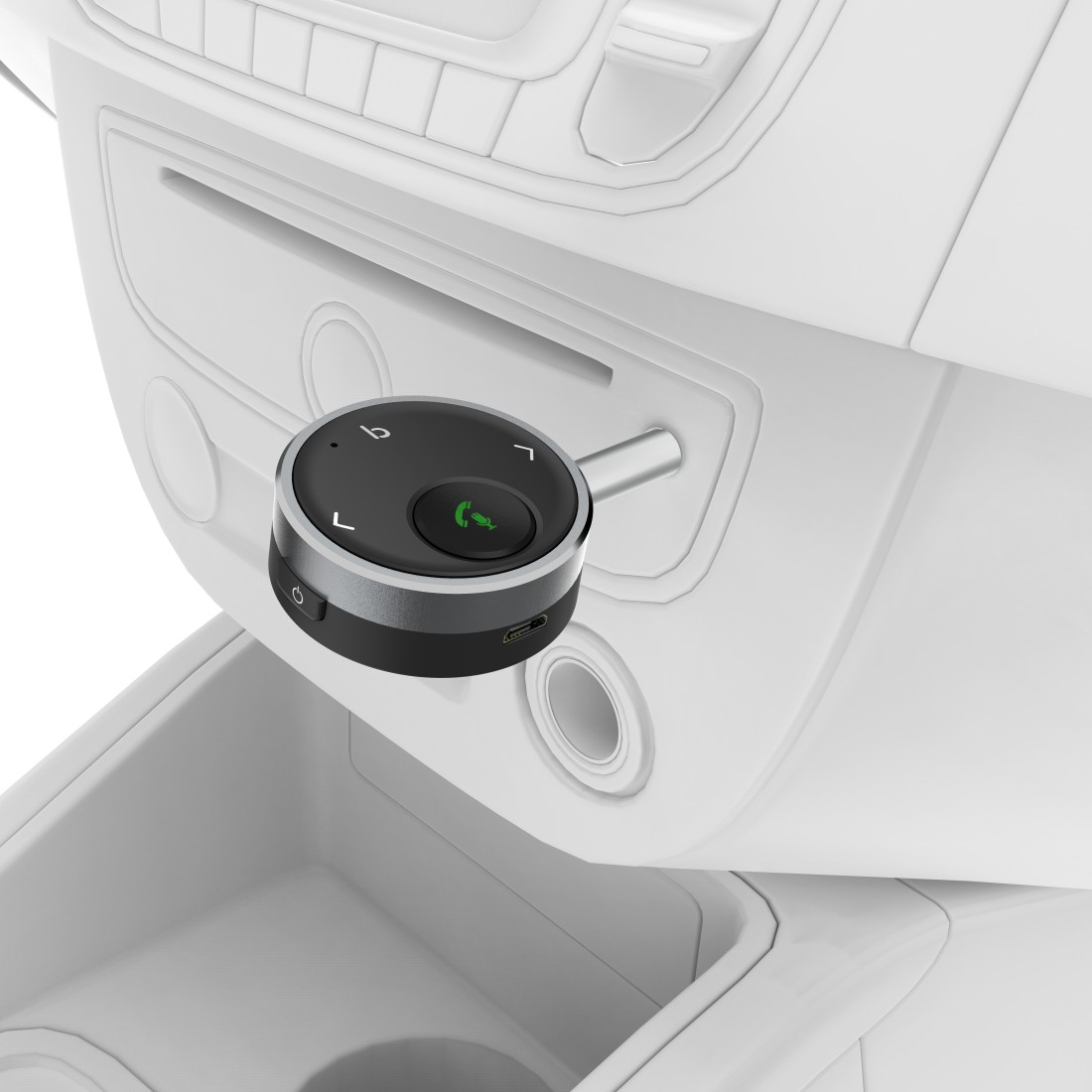Ein schwarzes Bluetooth-Gerät für das Auto, das im Armaturenbrett installiert ist. Es hat eine grüne Anruftaste.