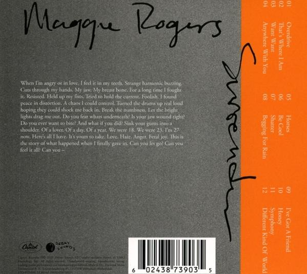Albumcover mit Text. Der Text trägt den Titel 'Surrender' von Maggie Rogers. Zusätzlicher Text darunter.