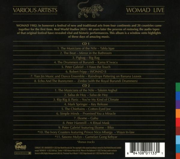 Rückseite eines CD-Covers mit Titellisten für 'Womad Live' von verschiedenen Künstlern.