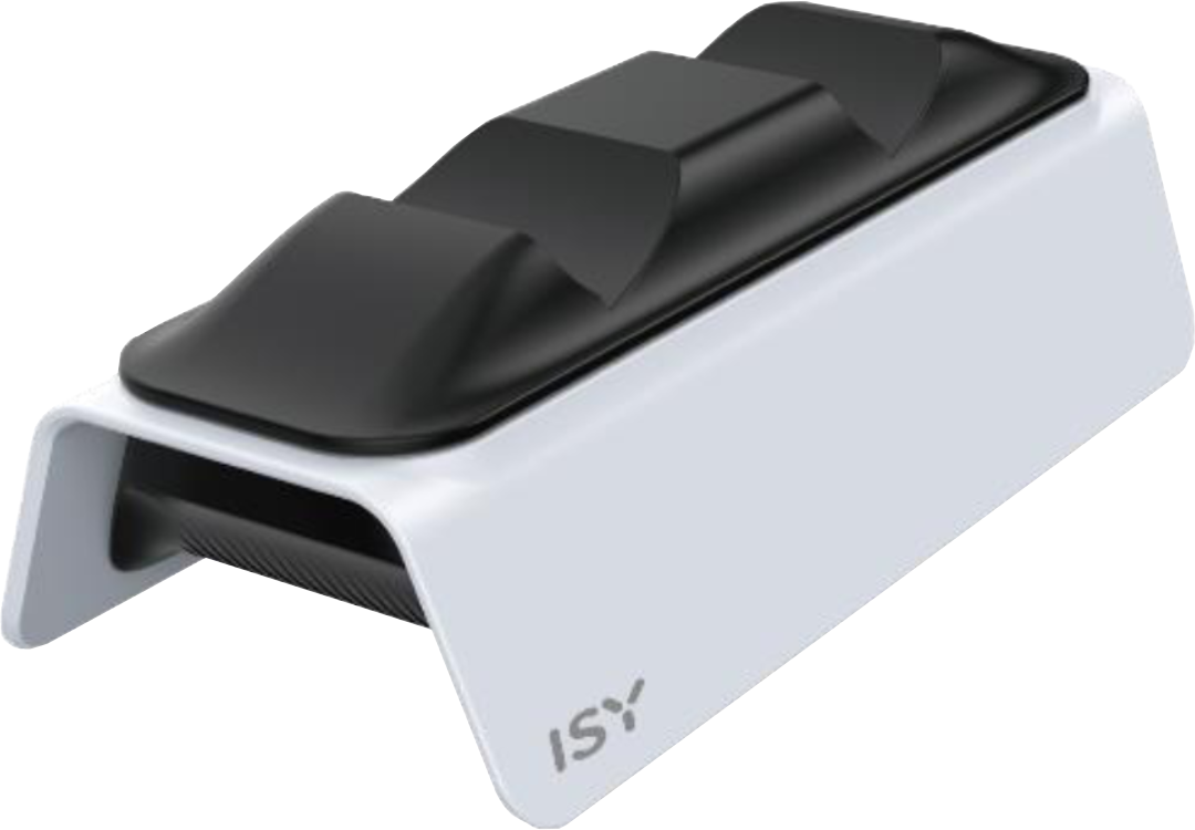 Eine weiße und schwarze PS5-Controller-Ladestation mit geschwungenem Design.