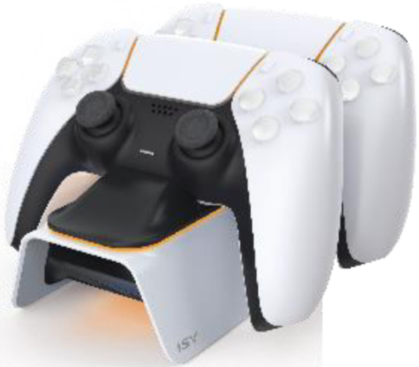 Weiße Ladestation mit zwei weißen und schwarzen Gamecontrollern.