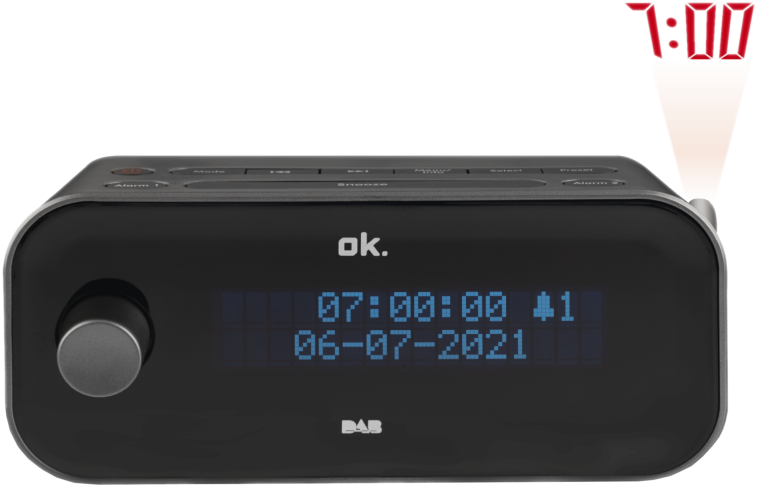 Zwarte digitale wekker met tijd en datum, met projectiefunctie.
