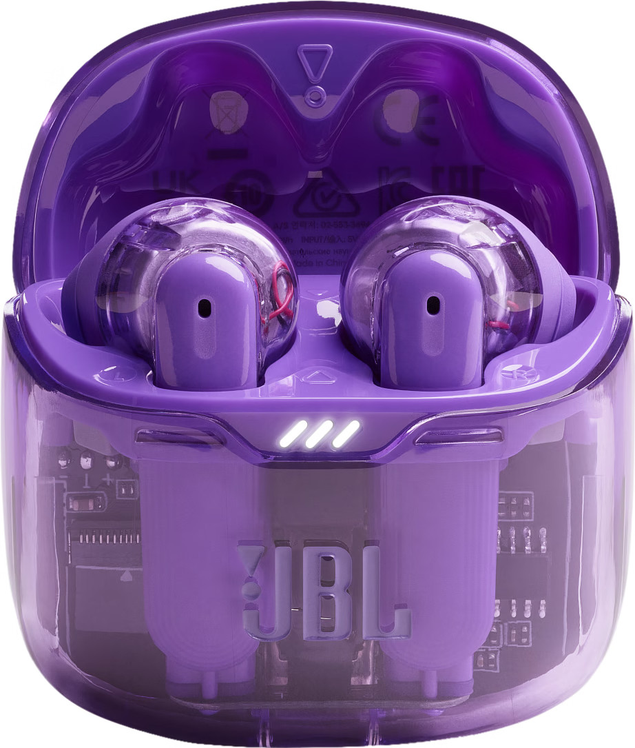 Écouteurs JBL violets dans un étui transparent, avec des lumières de charge blanches.