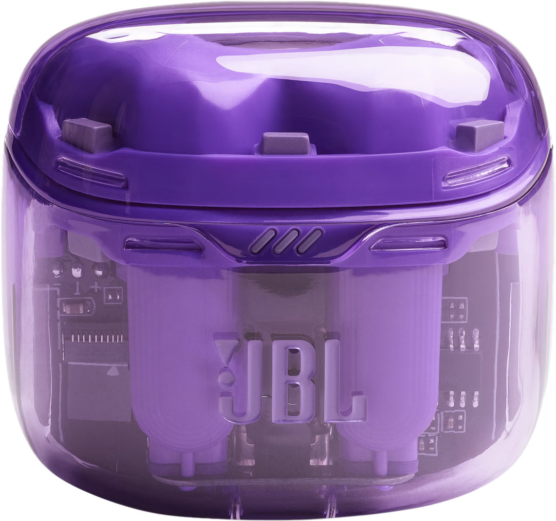 Étui de haut-parleur JBL violet, transparent, avec logo JBL à l'intérieur. Le fond est blanc.