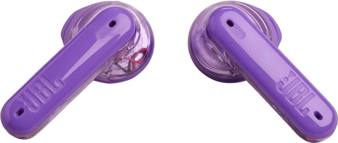 Deux écouteurs JBL violets sont présentés, chacun avec une section transparente et le logo JBL.