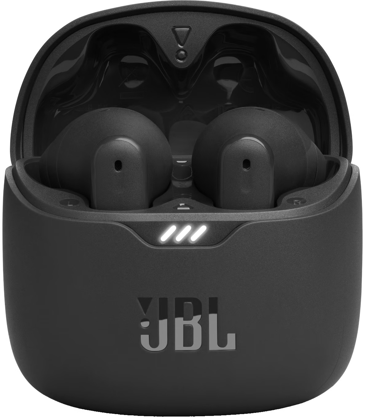 Zwarte JBL oordopjes in een zwarte oplaadcase. Drie witte lampjes zijn zichtbaar.