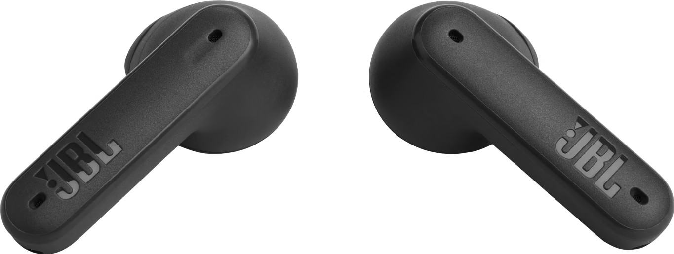Zwarte JBL oordopjes, close-up, schuine weergave.