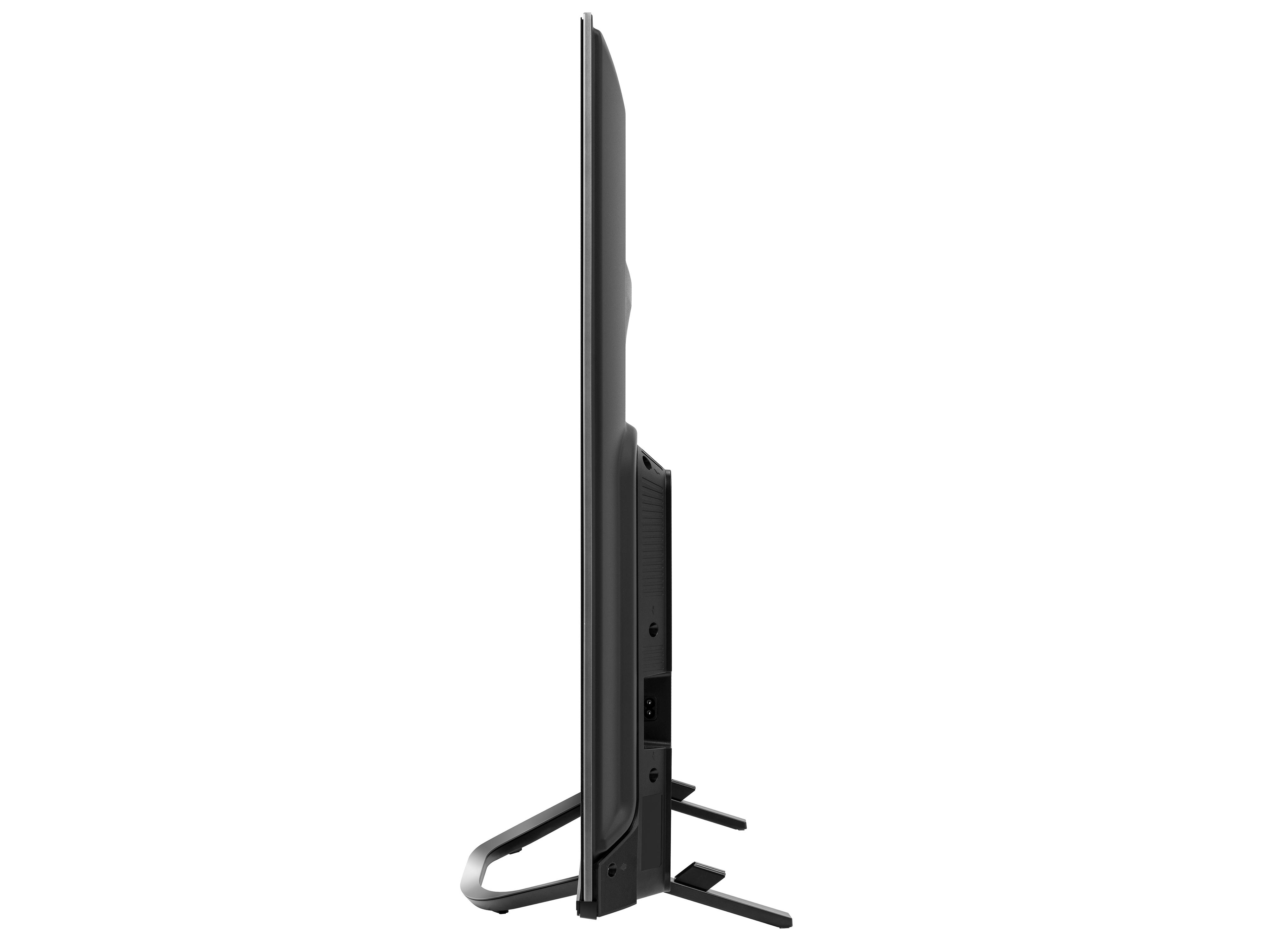 Seitenansicht eines schwarzen Fernsehers mit schlankem Rahmen auf einem Ständer vor weißem Hintergrund.