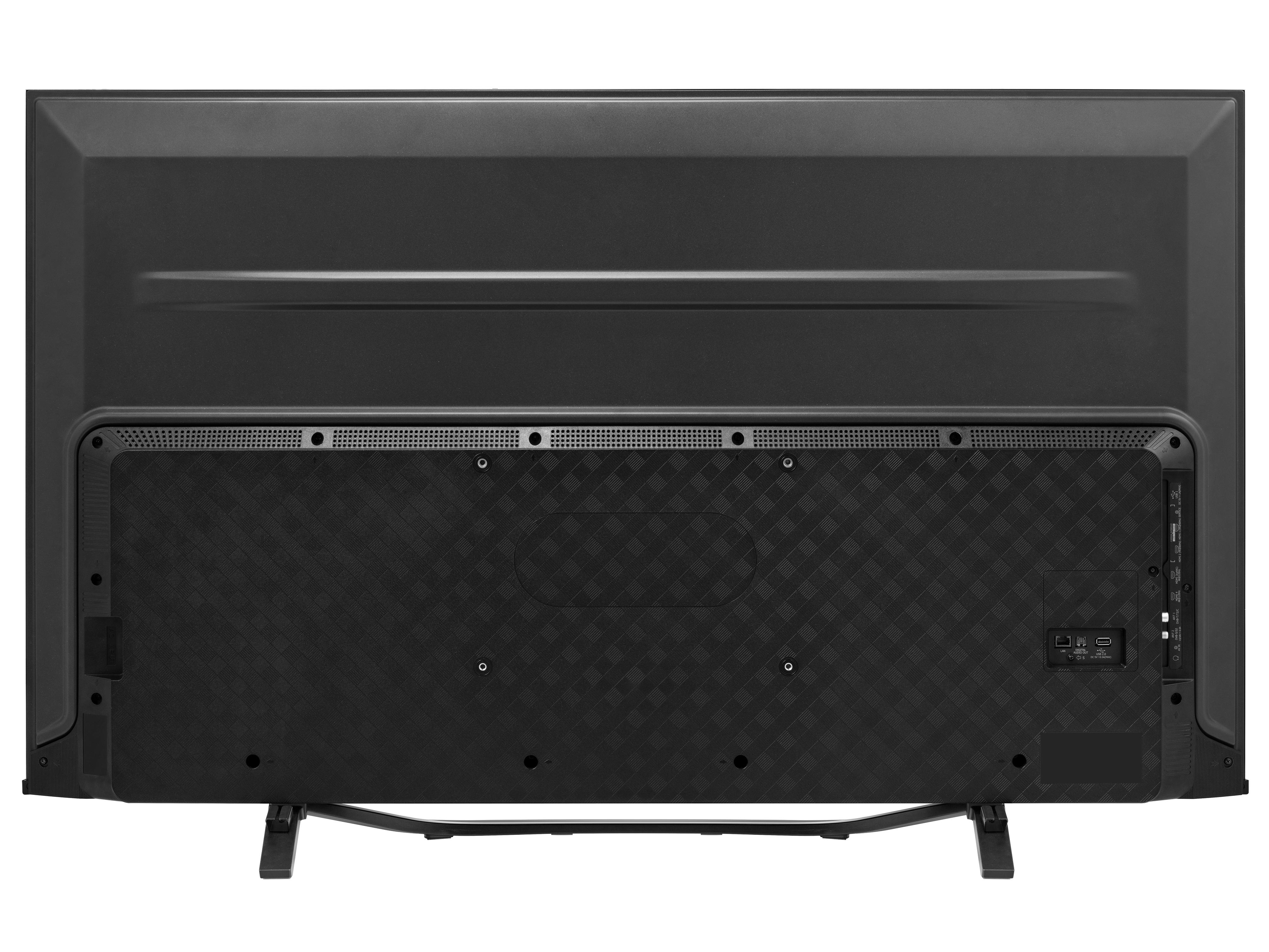 Rückseite eines schwarzen Fernsehers. Anschlüsse und Grill sind sichtbar.