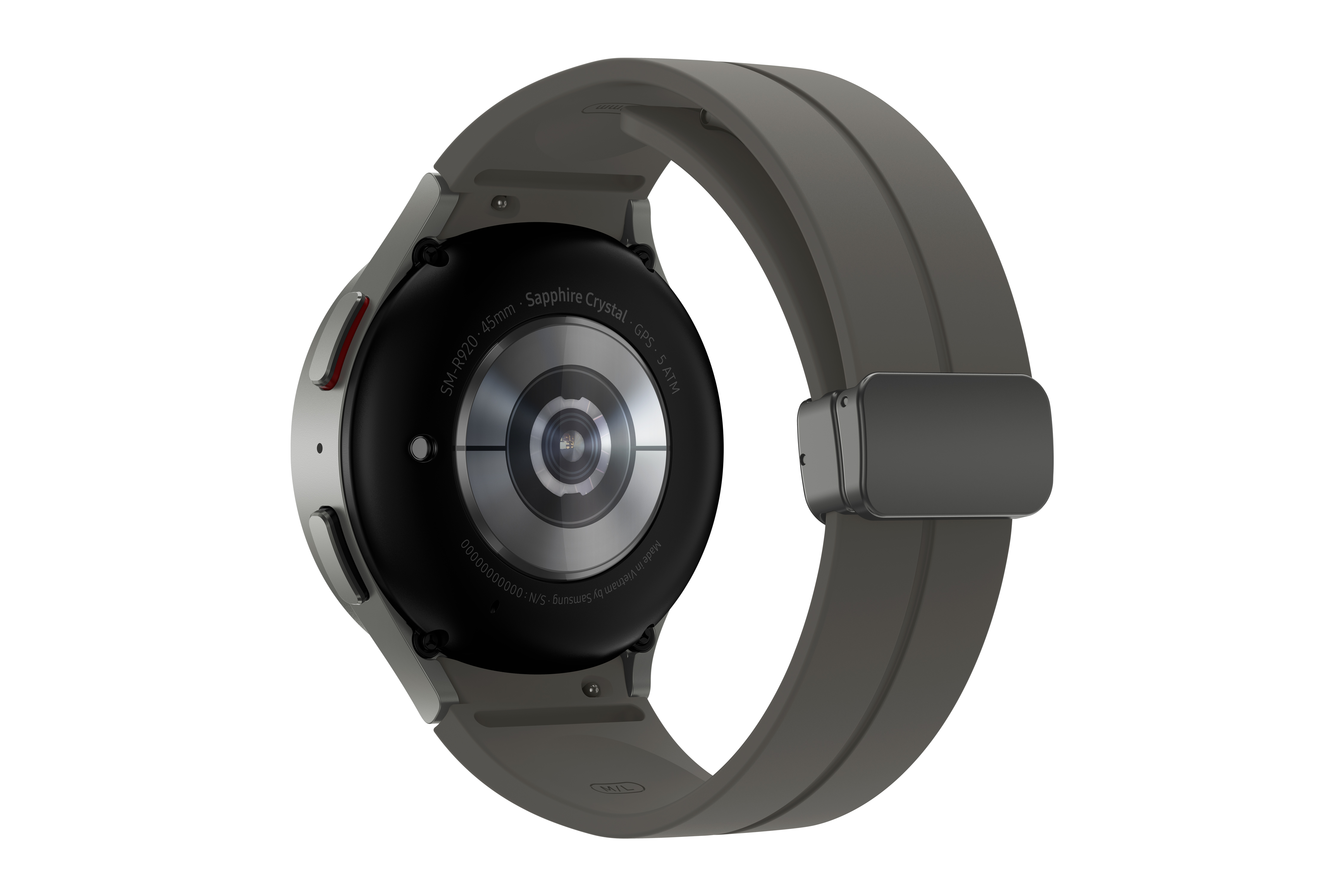 Egy ezüst Samsung Galaxy Watch hátulnézete, szürke szíjjal, fehér felületen.