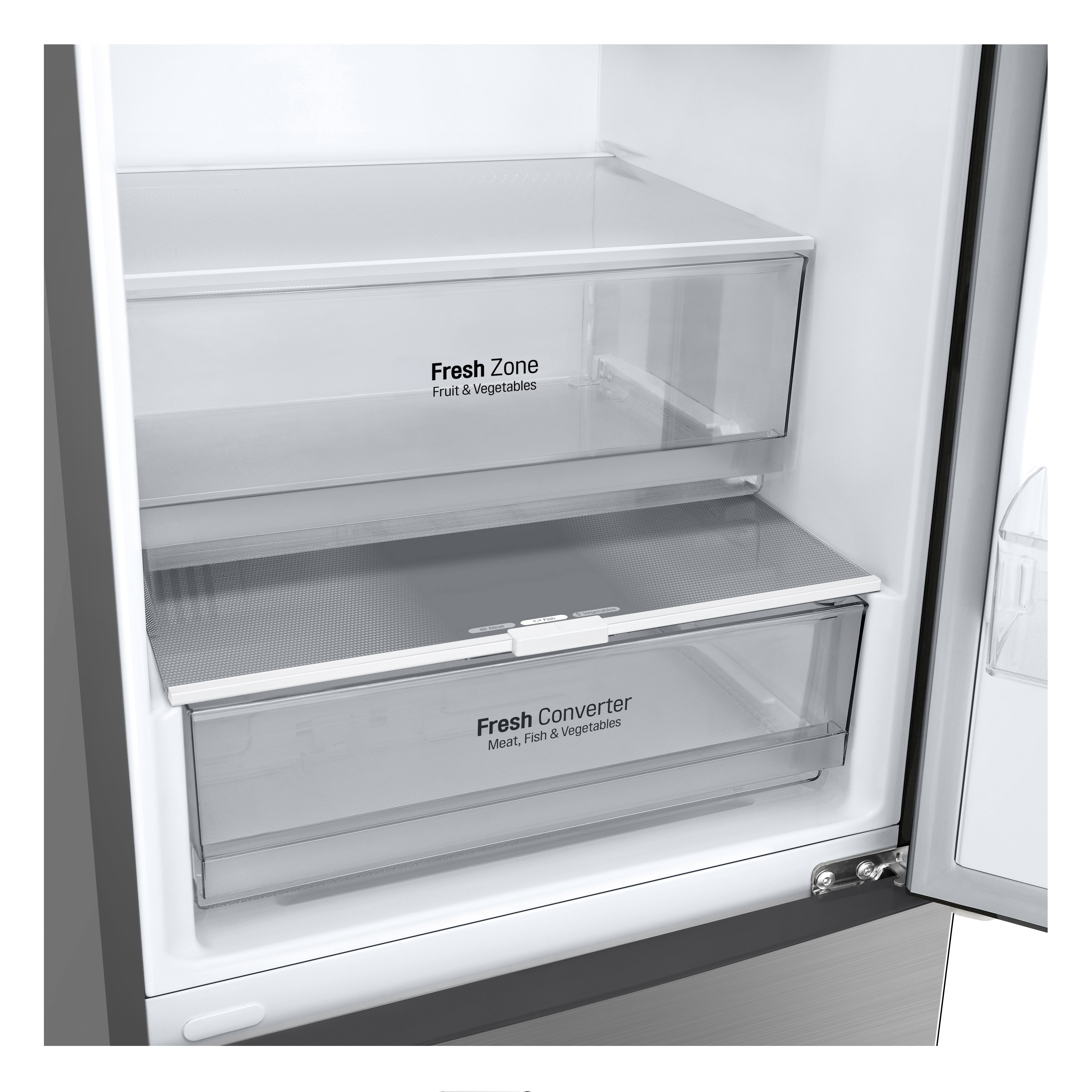 Kühlschrankinnenraum mit zwei durchsichtigen Schubladen mit der Aufschrift 'Fresh Zone' und 'Fresh Converter'.
