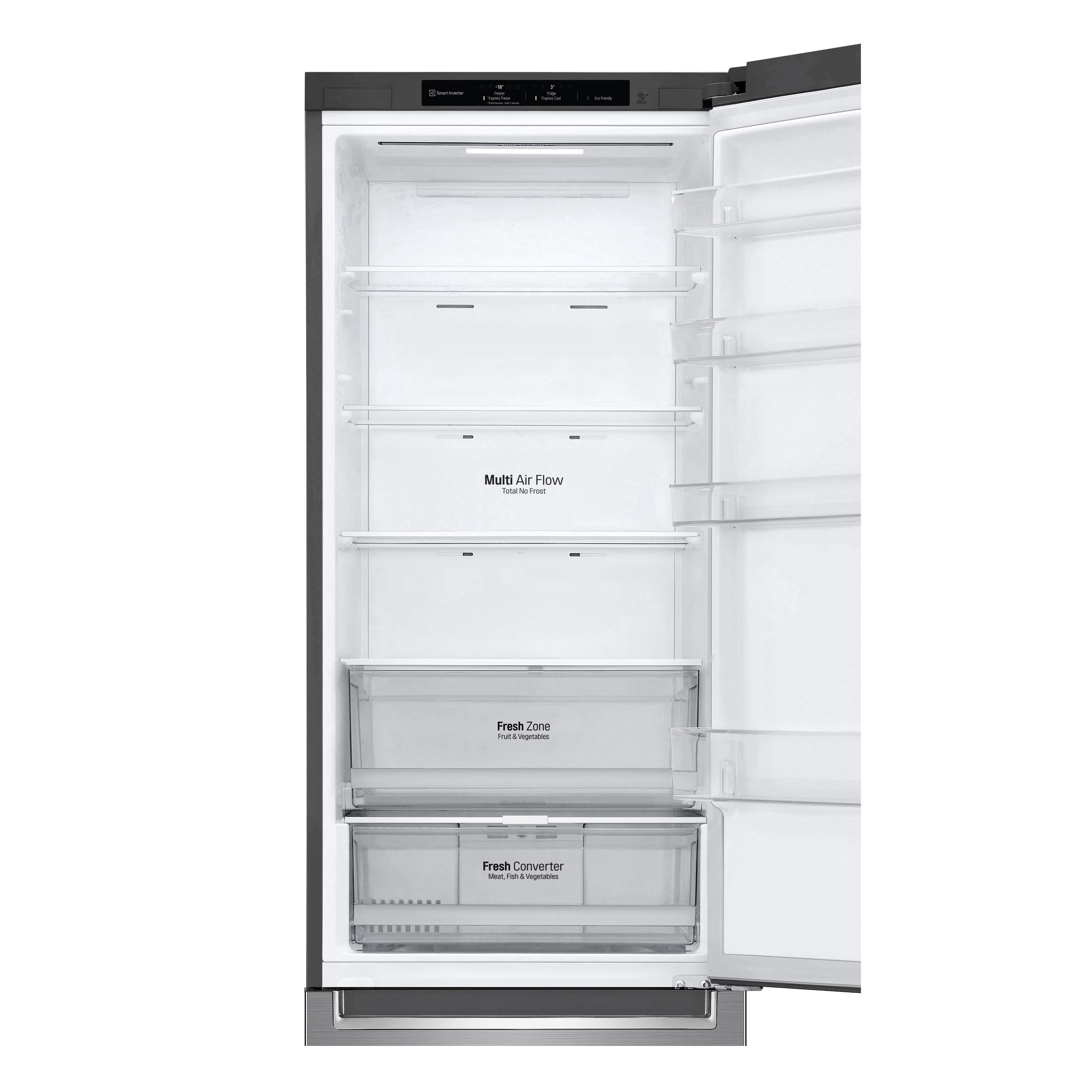 Innenraum eines geöffneten LG-Kühlschranks. Zeigt Regale, Schubladen und die Beschriftungen 'Fresh Zone' und 'Fresh Converter'.