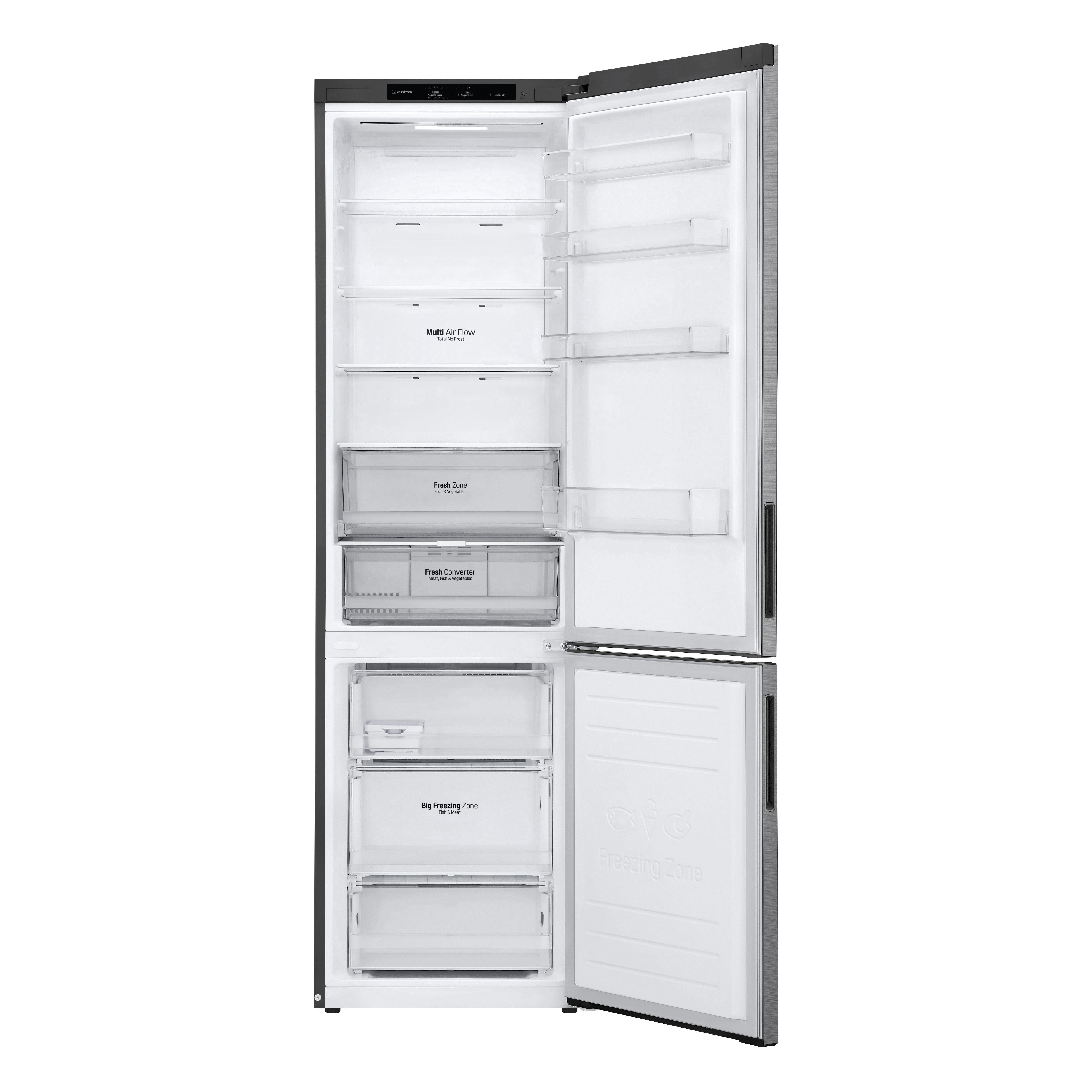 Ein offener Kühlschrank mit mehreren Regalen und Schubladen. Die Türen sind offen. Weißes Innere.