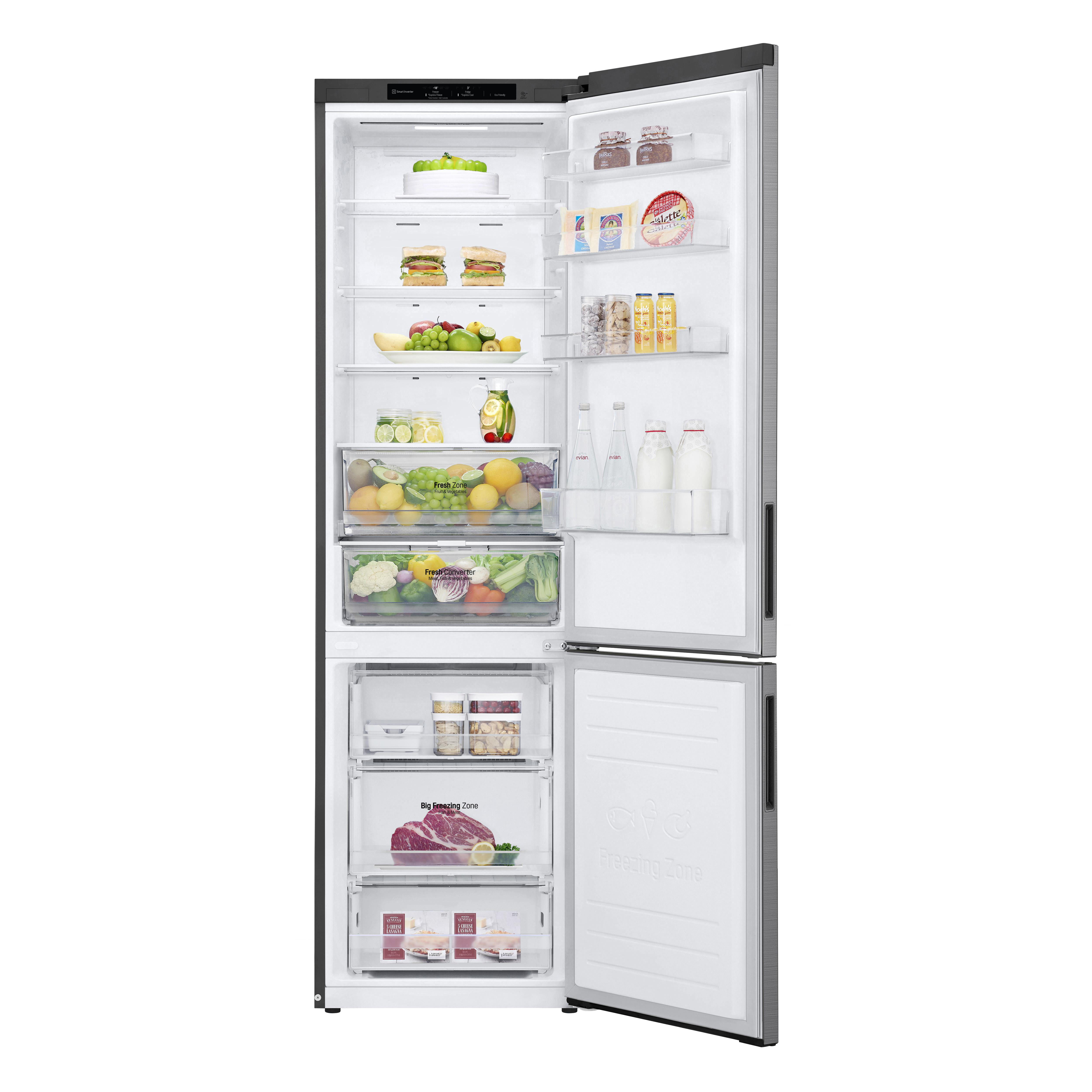 Geöffneter Kühlschrank mit Regalen mit Lebensmitteln, Obst und Gemüse, mit weißem und silbernem Finish.