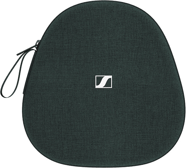 Donkergrijze Sennheiser over-ear hoofdtelefoonhoes met een wit logo op de voorkant, zwarte rits.