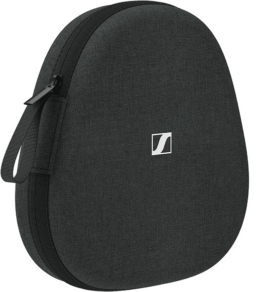 Zwarte hoofdtelefoontas met een rits en een handvat. Het Sennheiser-logo is wit.