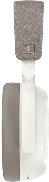 White and grey Sennheiser headphones, side view, with the logo on the top.