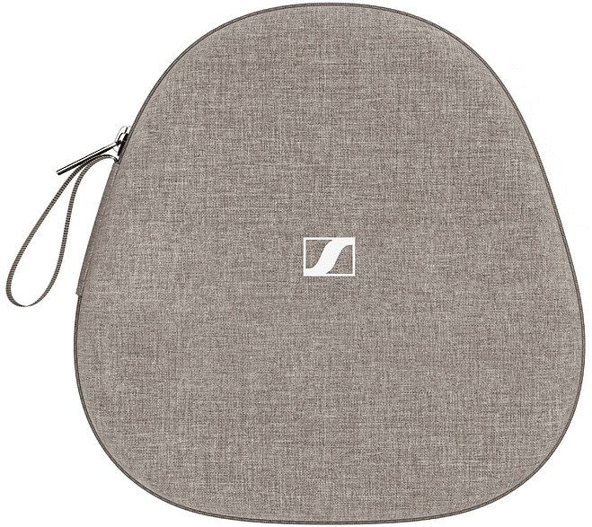 Gray oval case with a Sennheiser logo, a zipper and a handle.